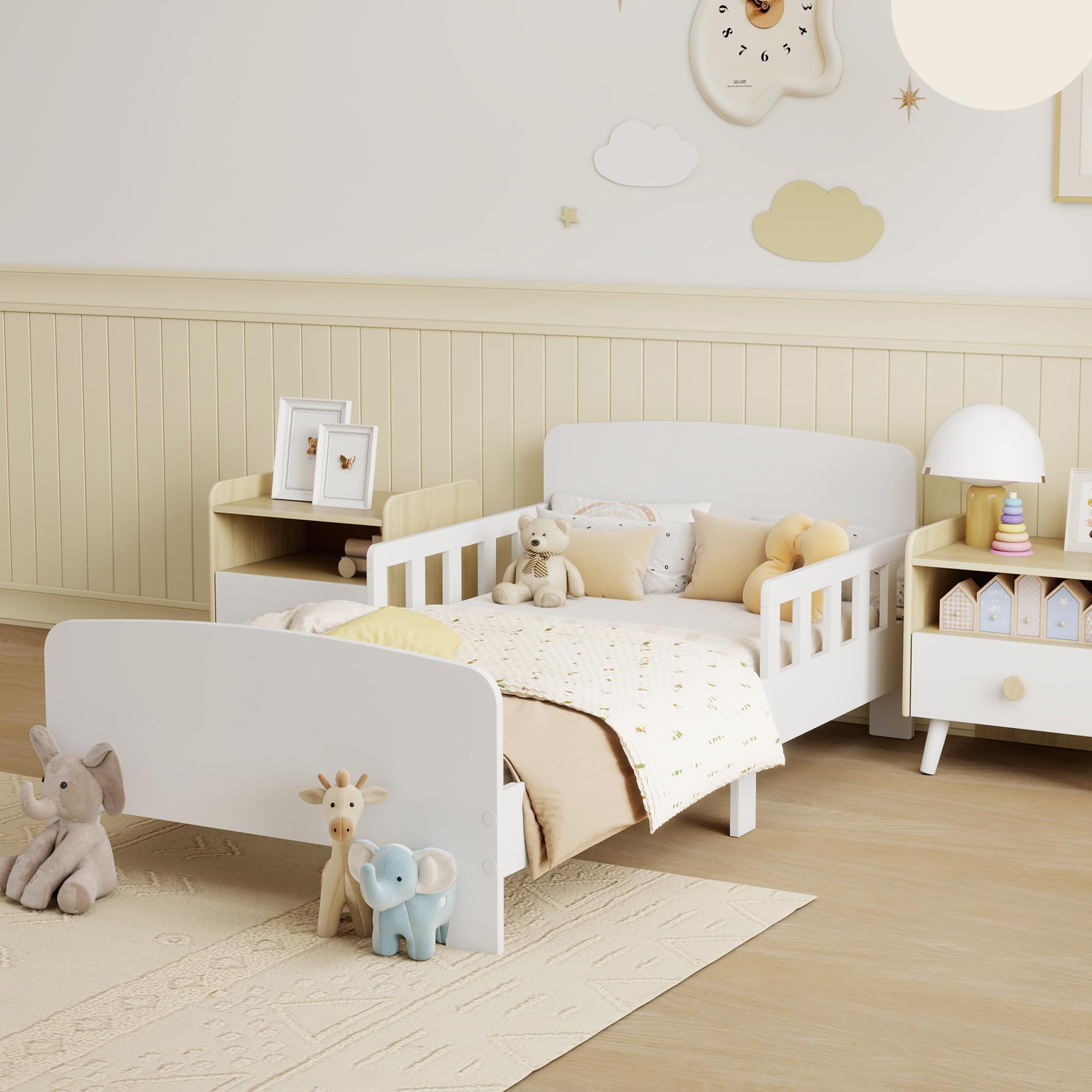 AIYAPLAY Kinderbett, Kleinkindbett mit Rausfallschutz, Lattenrost, 143,5 x 74,2 cm Einzelbett für Mädchen und Jungen, Jugendbett für 3–8 Jahre, Weiß