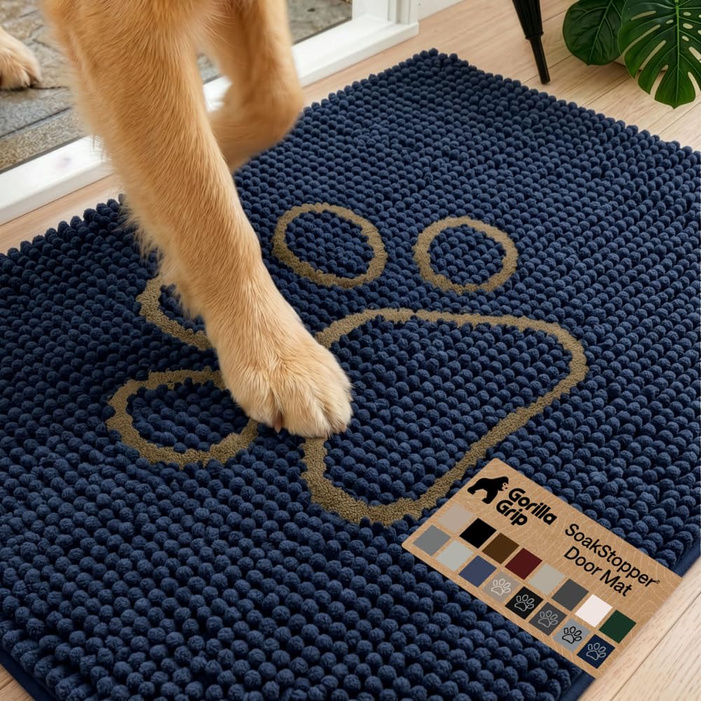 Gorilla Grip Soft and Absorbent Indoor Chenille Doormat, 30x20, Traps Water and Moisture, for Muddy Dog Paws and Shoes, Durable Backing, Washable, Rug Door Mat for Front Entry, Navy Cappuccino — image 1