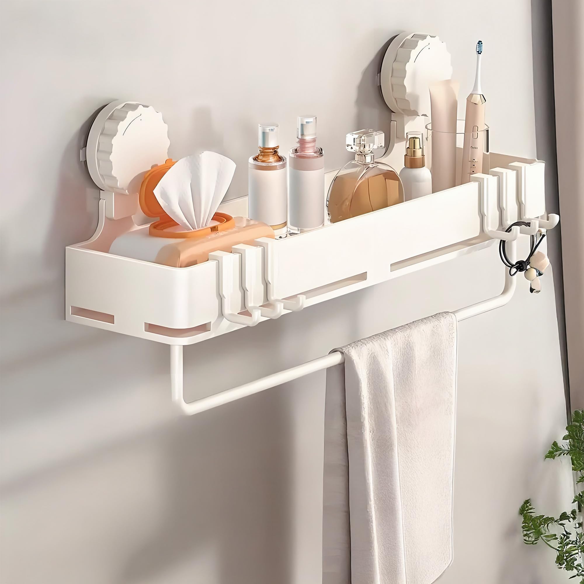 Romorgniz Shower Caddy Suction Cup with Towel Bar No Drill Bathroom Shelf Organizer Strong for Smooth Walls Kitchen