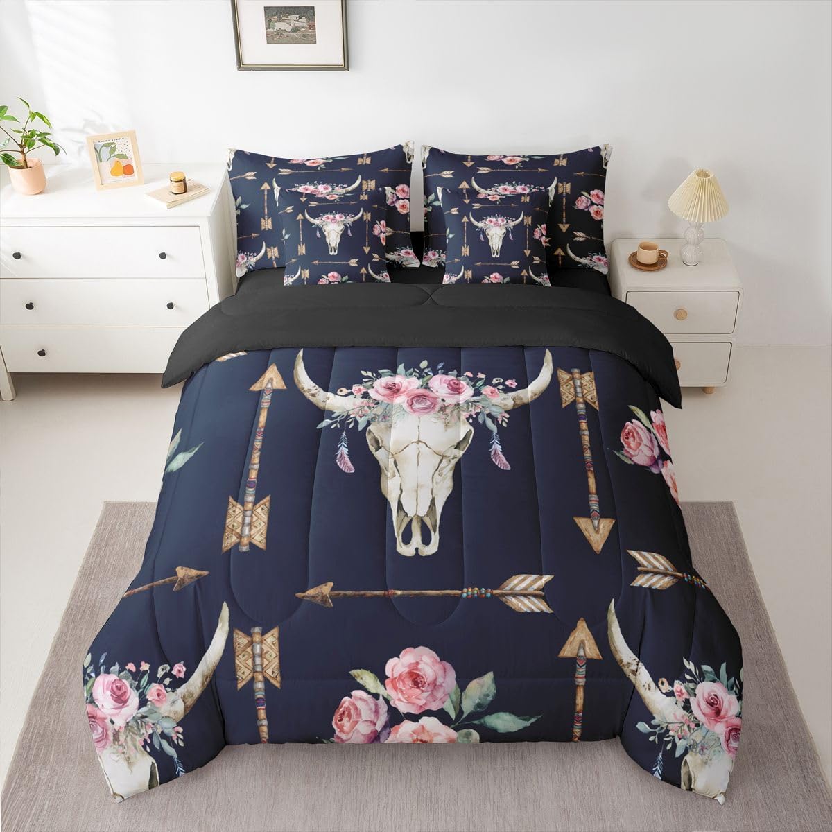 Erosebridal Bull Skull 7 Piece Bedding Set Queen Boho Comforter Set with Sheets Arrows Pink Rose Feather Aztec Bed in a Bag Mysterious Tribal Style Colorful for Teens Men Women