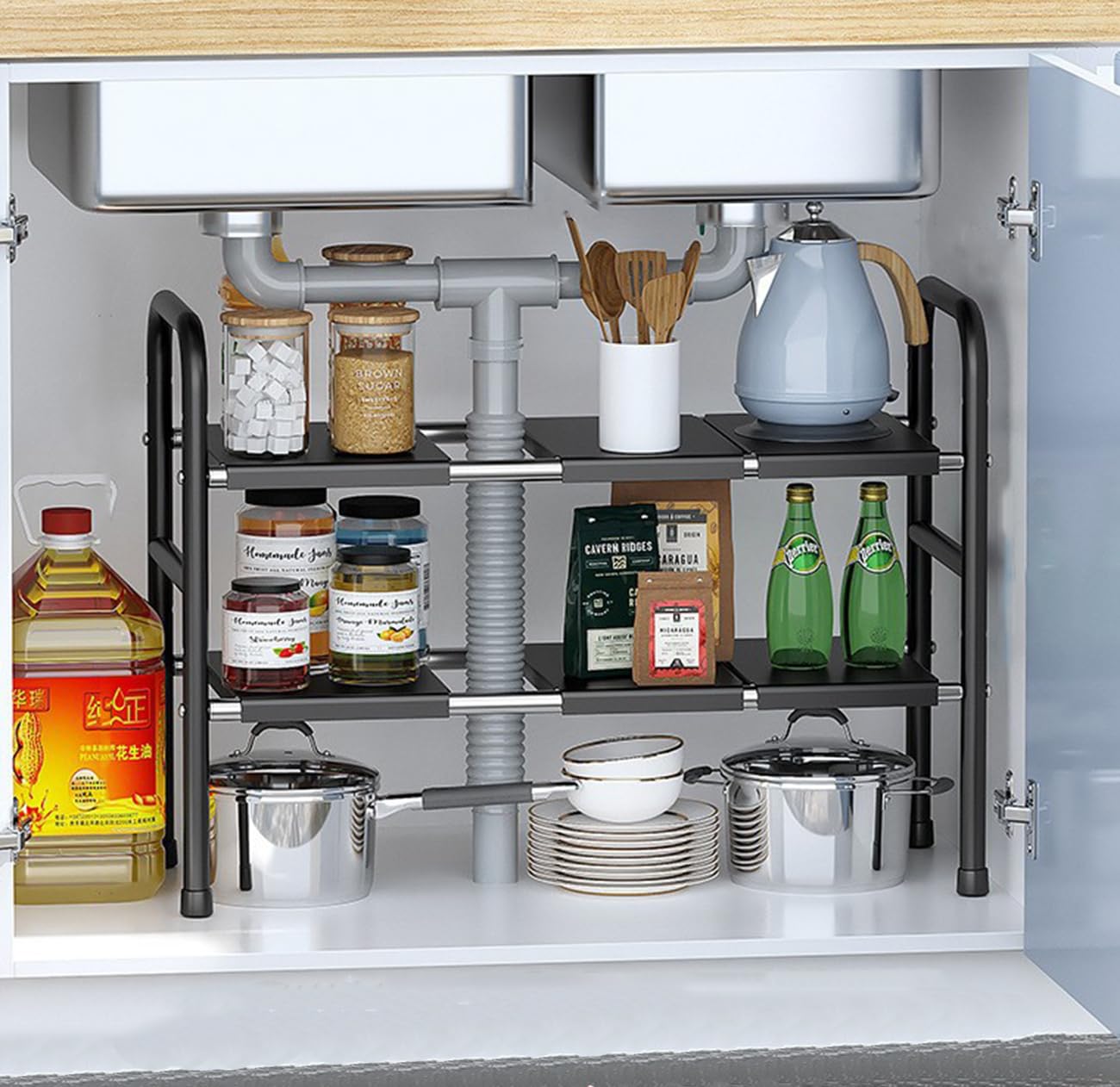 Organizador Cocina, Estante Organizador Bajo Fregadero,Estanterias Almacenaje Debajo Fregadero Cocina, Ajustable Y Retráctil, para Guardar Productos Limpieza,Negro,6 Boards