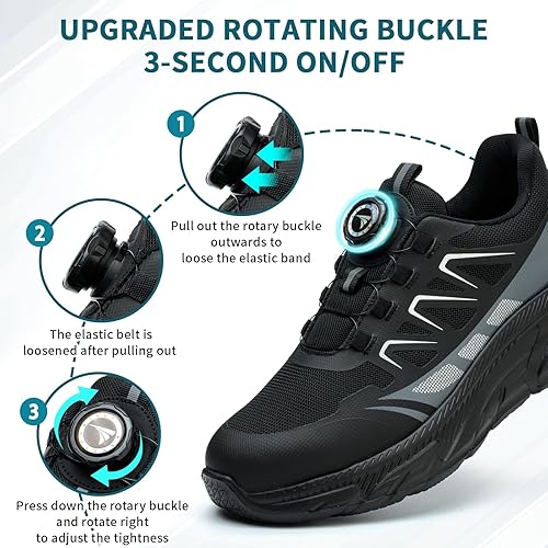 RASEARY Veiligheidsschoenen, werkschoenen voor dames en heren, comfortabele schoenen met stalen neus, licht, ademend, industriële werkschoenen met draaisluitingen, veters, zwart, 37 EU