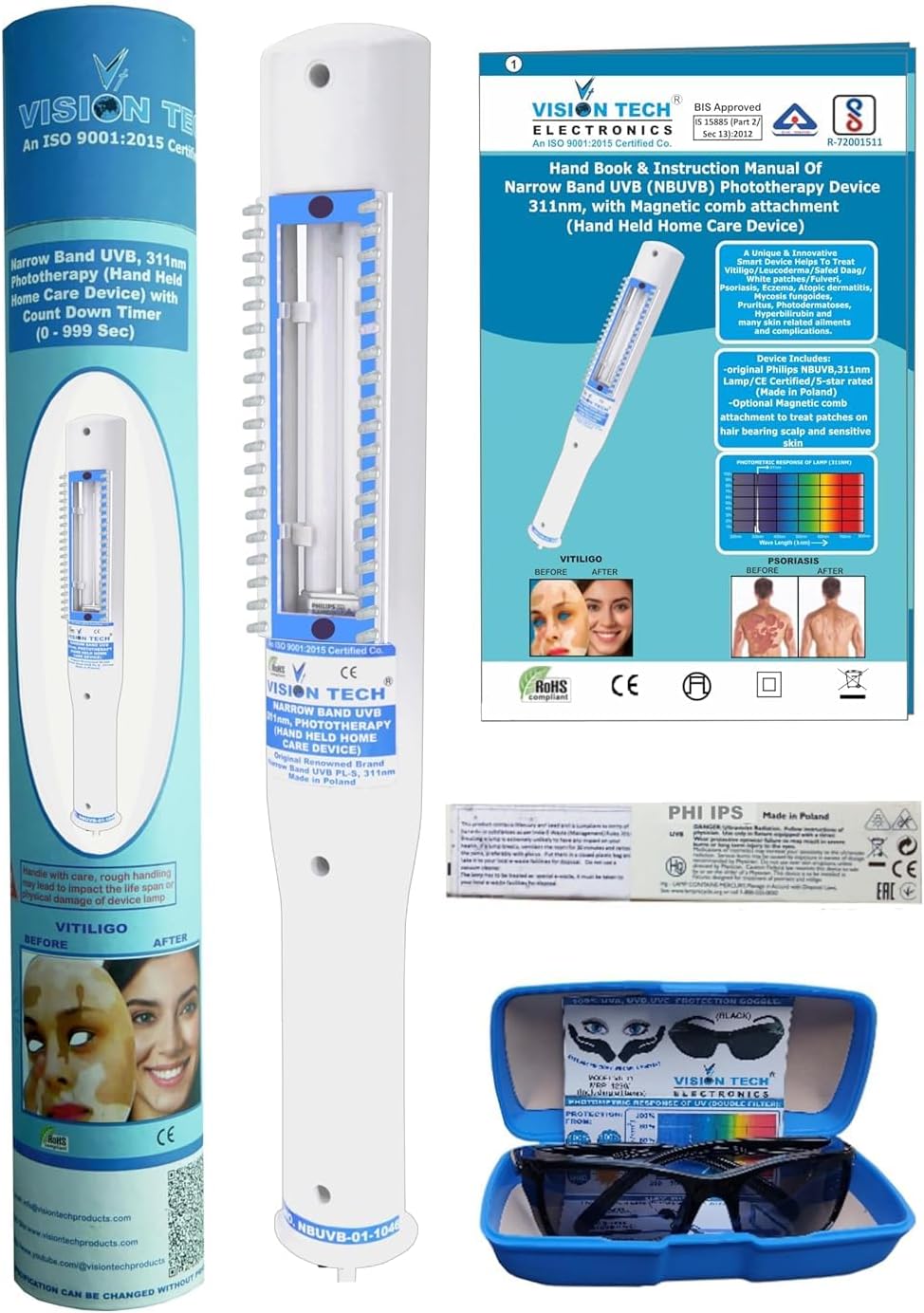 - Narrowband UVB (NBUVB) Phototherapy Light Device, 311nm / 5-Years Warranty / For Vitiligo, Psoriasis, Eczema, Dandruff / CE Certified, 5-Star Rated Lamp / Eye Protection Goggle, User Manual, Device Protective Container