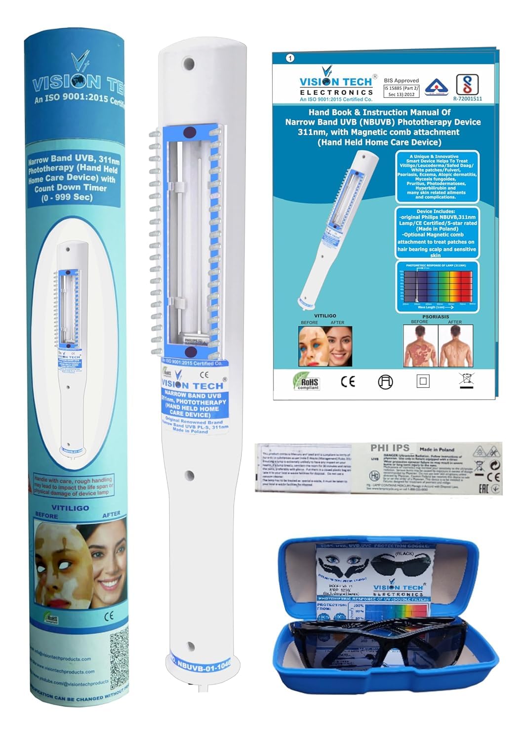 Narrowband (NBUVB) Phototherapy Device, 311nm for Vitiligo, Psoriasis, Eczema –Handheld Device with Original CE-Certified / 5-Star Rated NBUVB Lamp, Device Protective container, UV Protective Goggle, User Manual