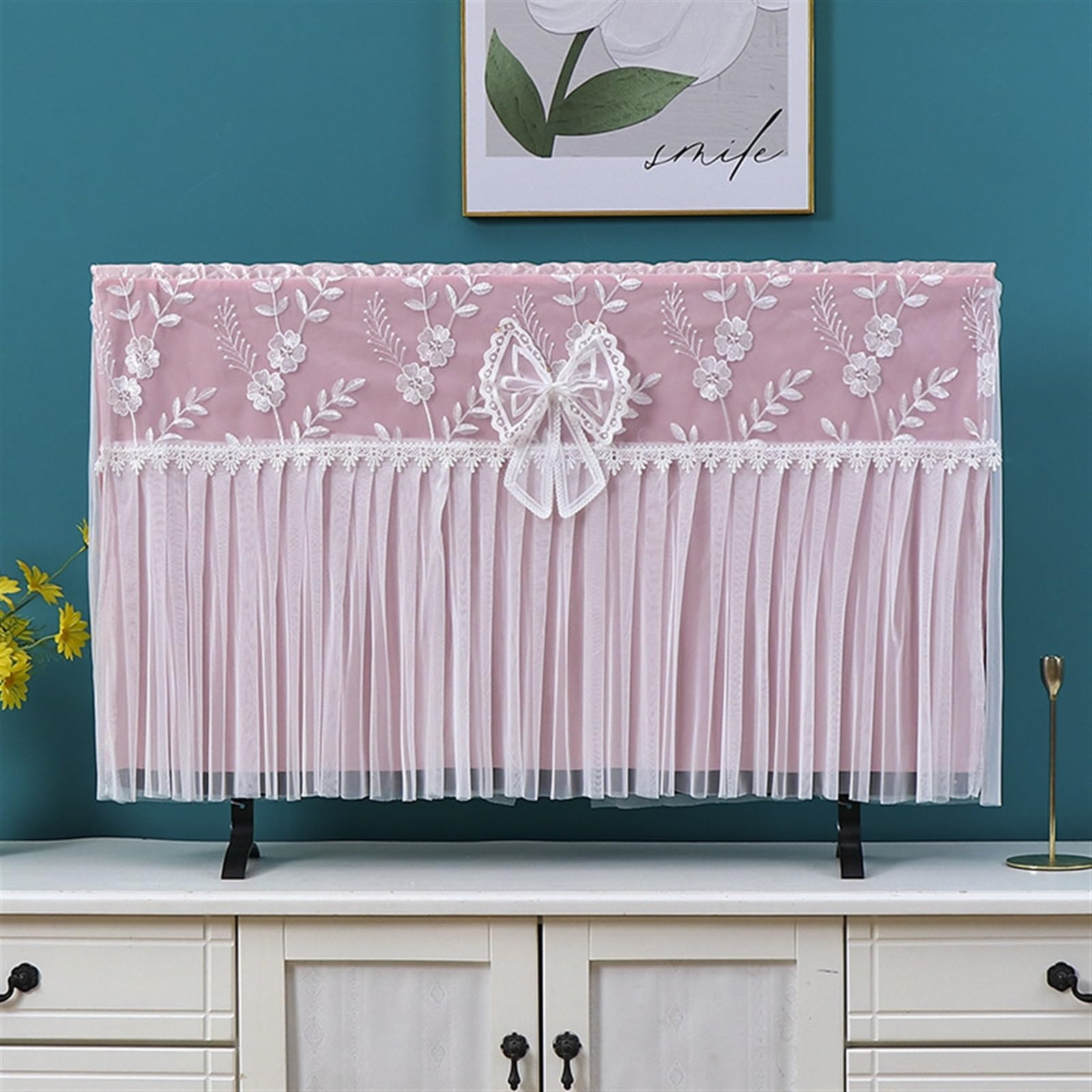 Ricamo Copertura TV Casa Ufficio Decorazione, Protettori Schermo per TV Tutto Compreso A Prova di Polvere Antiscivolo per da Tavolo/Appendere Universale(Pink,75 inch)