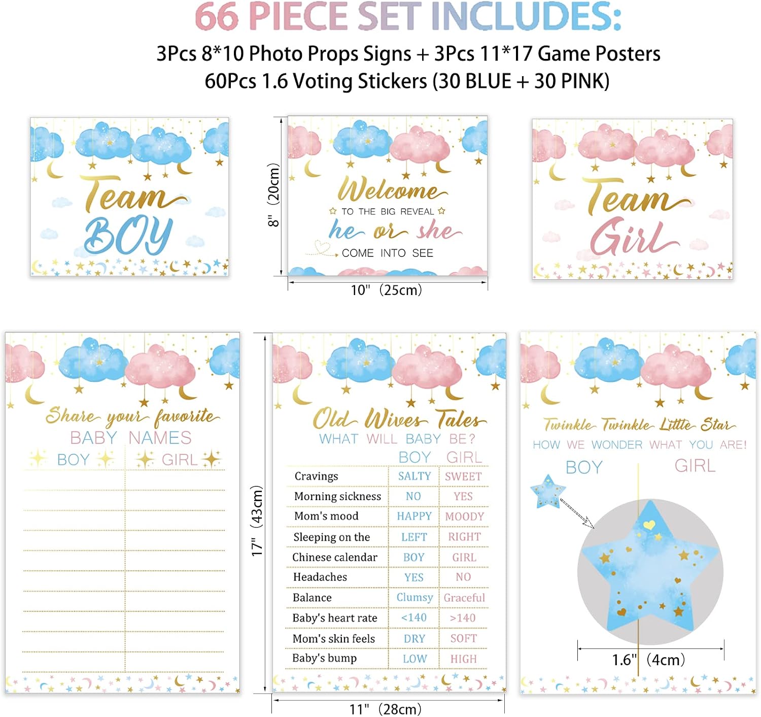 Baby Gender Reveal Party Supplies Kit,Twinkle little star Photo Props Games Decorations,He or She,Includes 3 Game Posters (11x17),3 Signs (8x10),60 Blue and Pink Voting Stickers - Image 4