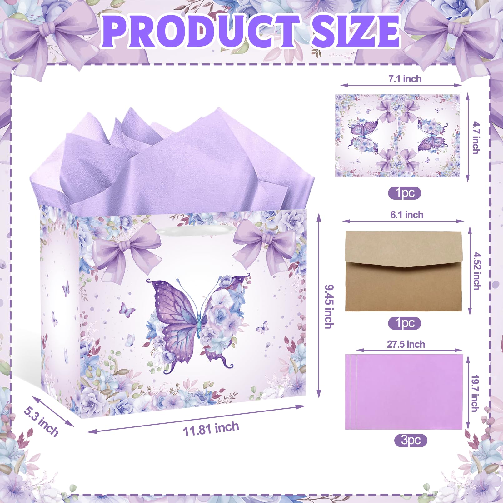 SolarGlory Large Butterfly Birthday Gift Bag with Card & Tissue Paper – Purple Happy Birthday Party Favors for Women, Girls, Baby Shower, Bachelorette Theme Party Decorations