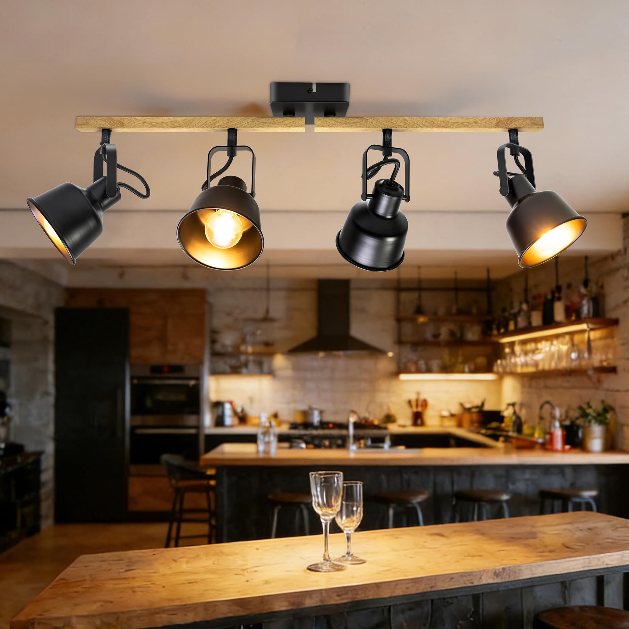 Deckenstrahler 4 Flammig, Schwenkbar 350°, Vintage Deckenlampe LED Deckenleuchte, E14 Fassung Industrial Holzmaserung Spotbalken für Küche, Wohnzimmer, Schlafzimmer, Schwarz (Ohne Leuchtmittel)
