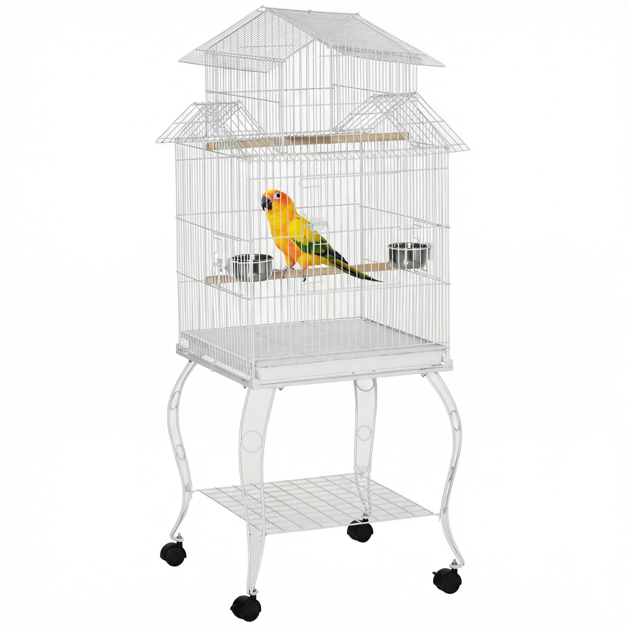 PawHut Jaula para Pájaros con Ruedas Jaula Grande con Soporte Pajarera con Bandeja Extraíble Puertas Comederos Perchas y Estante Inferior para Cacatúa NINFA Cotorra del Sol 50x49x137 cm Blanco