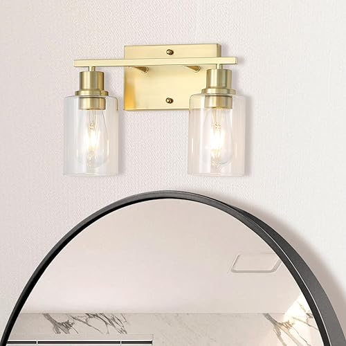 Miniatura 11 de Lámparas de pared modernas de 3 luces doradas para tocador de baño, luces de pared de latón cepillado con pantallas de vidrio transparente, Oro