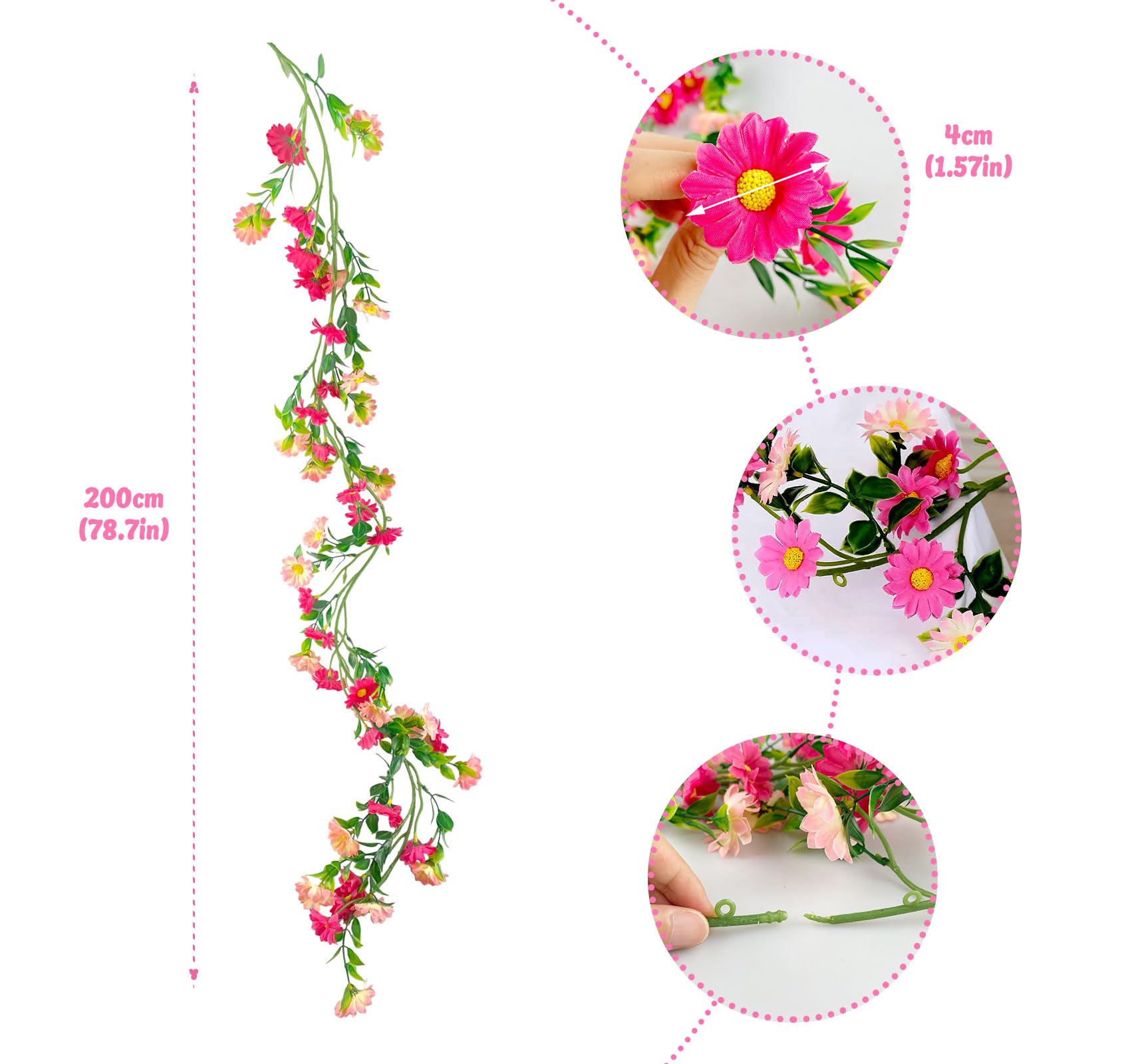 Ghirlanda Fiori Margherita Artificiale - 2.1 Metri, Rosa Rossa, Per Decorazioni Casa E Eventi - Foto 7