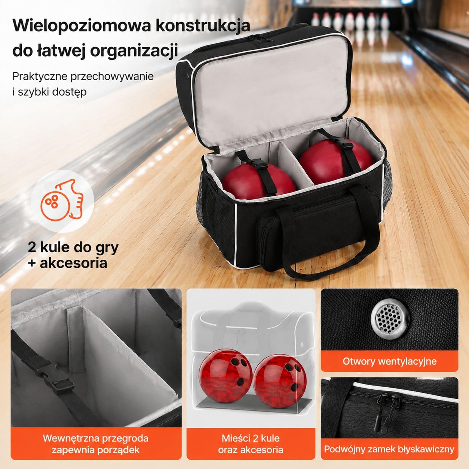 Torba do kręgli na 2 kule z 4 kółkami i wysuwaną rączką, jezdny nosidełko na sprzęt