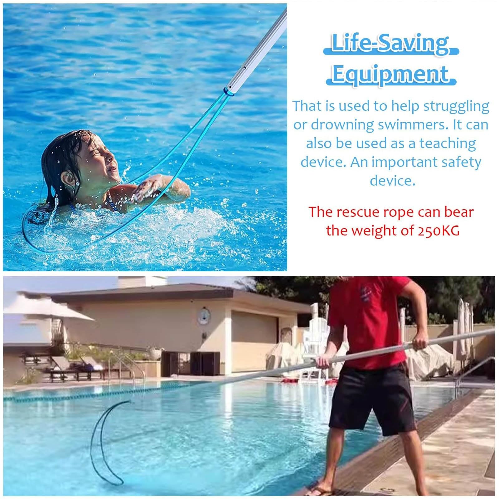 Poste de Rescate para Piscina, Poste de Rescate de Emergencia para Piscina, Gancho de Seguridad telescópico de 90 cm a 4,8 m, Resistente, para Adultos y niños, Herramienta Salvavidas ajustab