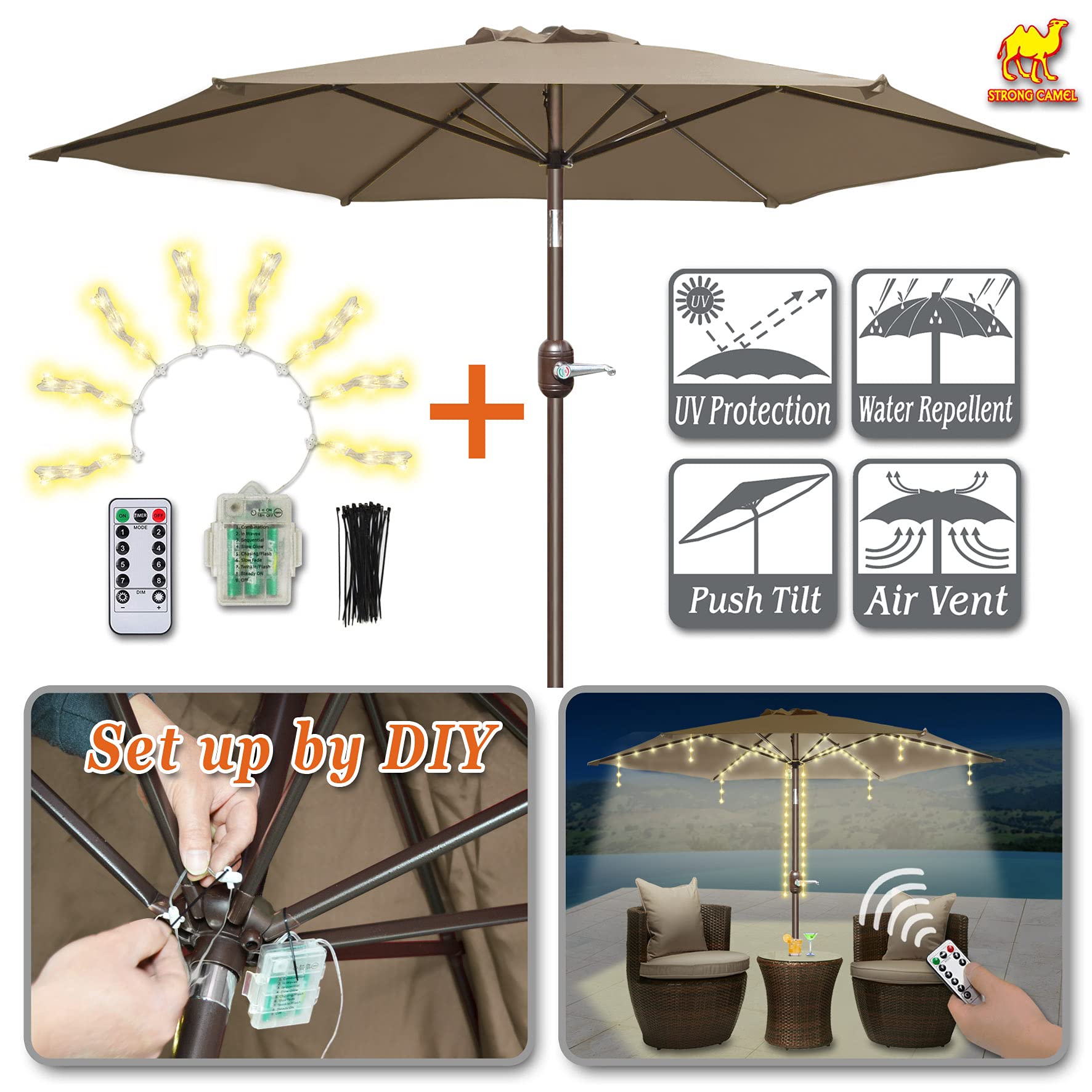 8 ft Patio Umbrella Outdoor Table Umbrella with Push Button Tilt and Crank + Umbrella Lights 8 Lighting Mode 104 LED String Lights with Remote Control Umbrella Lights Battery Operated (Taupe)