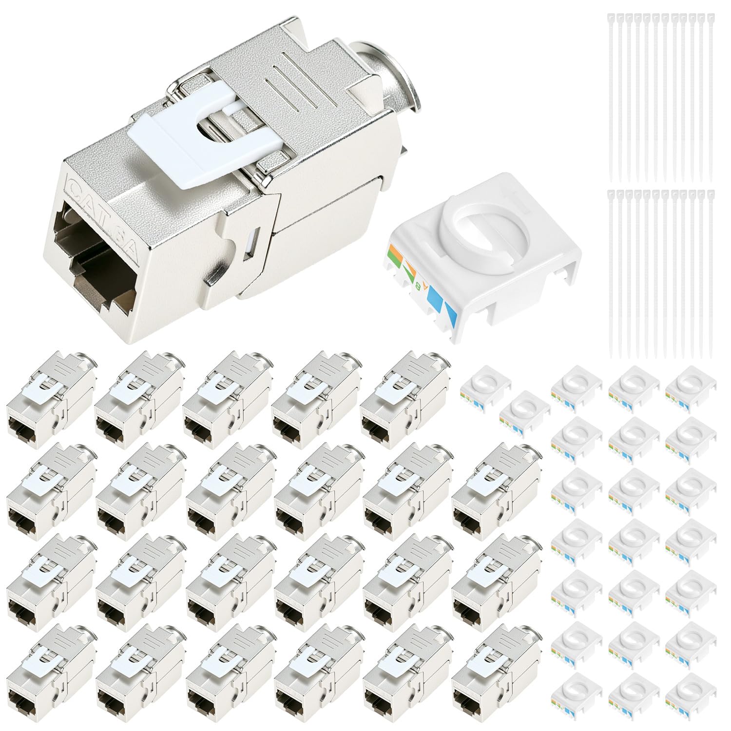 QWORK® Pack de 24 Module Keystone RJ45 Cat-6A Blindé - 500 MHz, 10 Gbits/s - Montage sans Outil