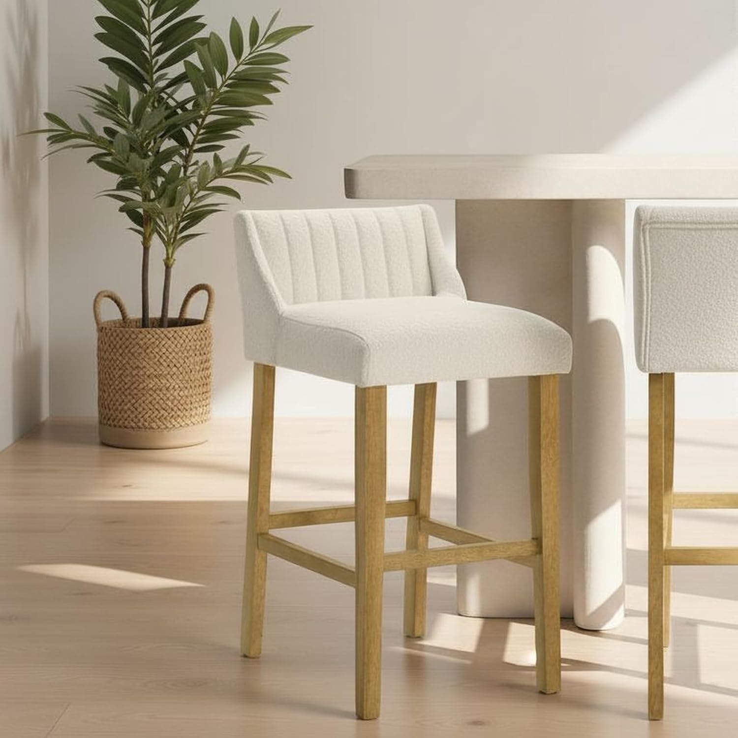 Fauna Modern Transitional Wood Bar Height Kitchen Bar Stool in Amber Glow Finish with White Boucle Fabric Upholstered Seat - Set of 2