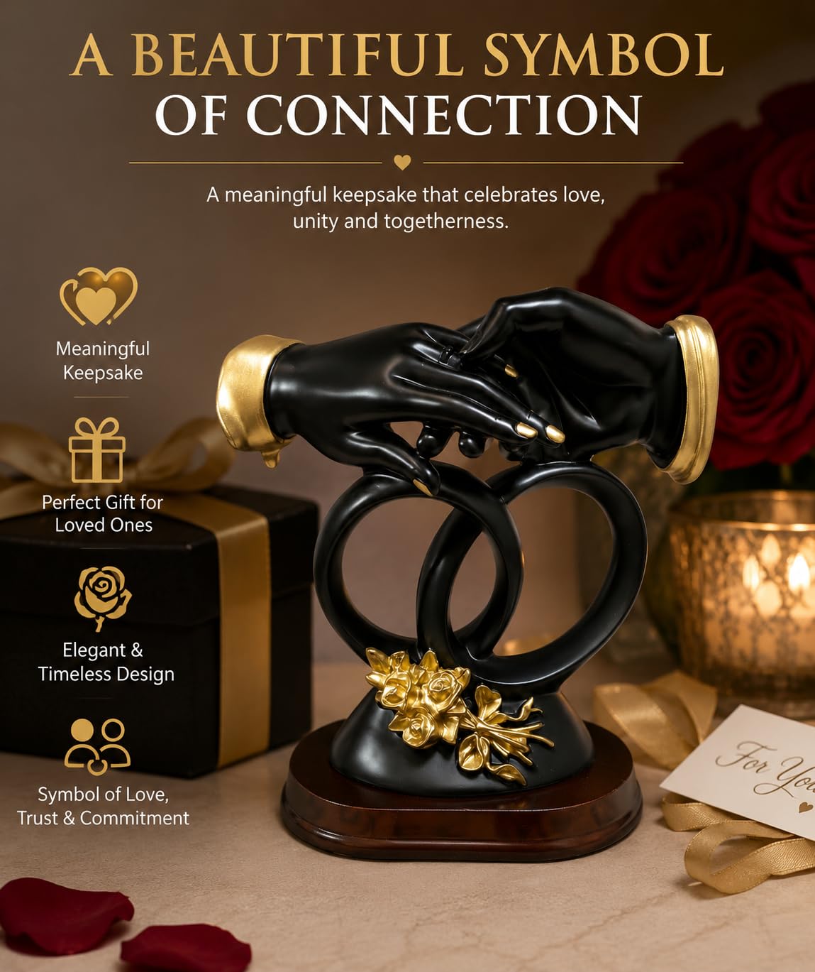 JRose Collections Romántico anillo de manos para pareja, adorno de resina, 20 x 20 cm, anillos entrelazados, figura de amor para decoración del hogar, regalo de boda, compromiso, negro o blanco (negro