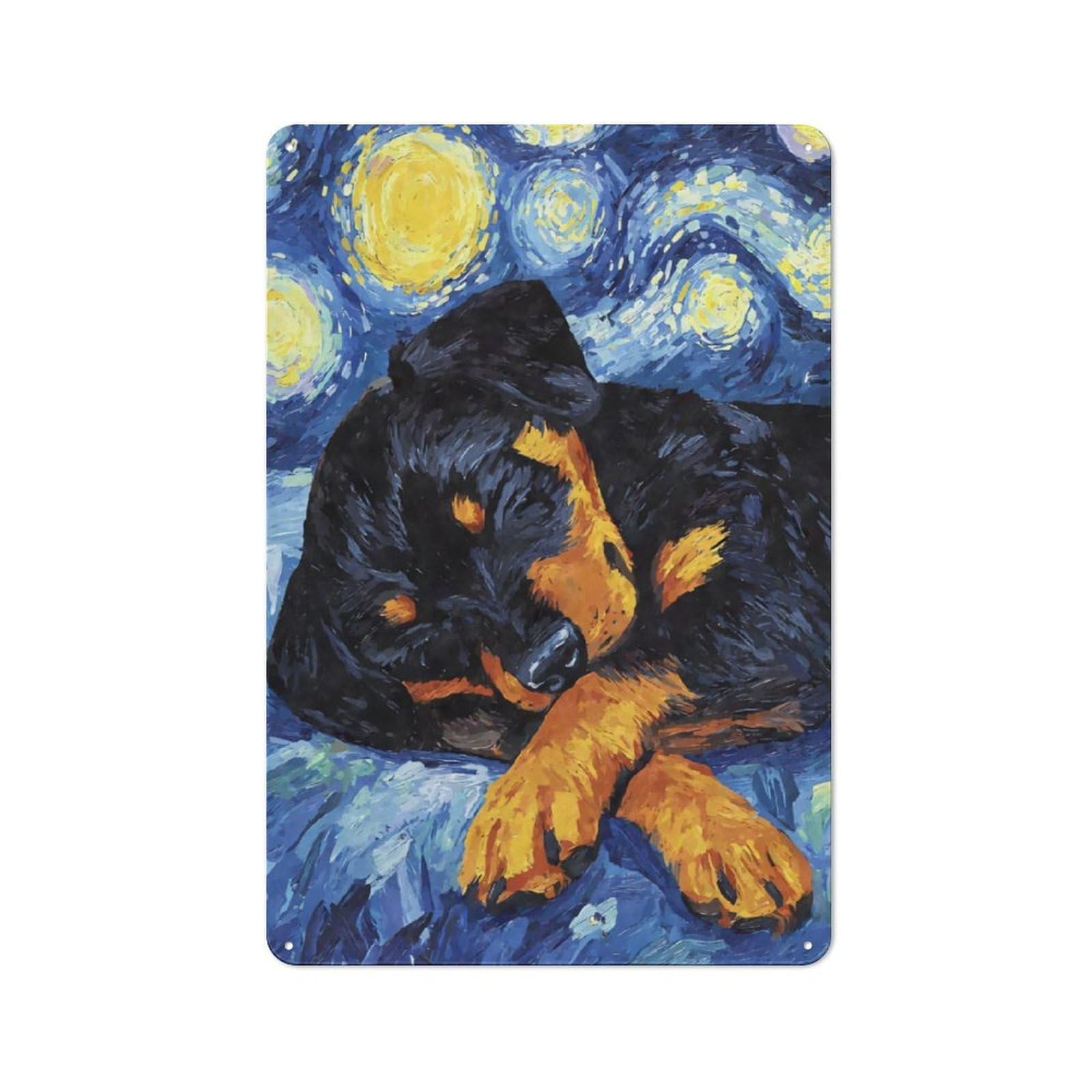 Junmoney Rottweiler Puppy Sleeping Starry Night Vintage Tin Wall Plaque 30X20cm For Workshop Wall, A Decorative Christmas Gift For Makers And Diy Enthusiasts
