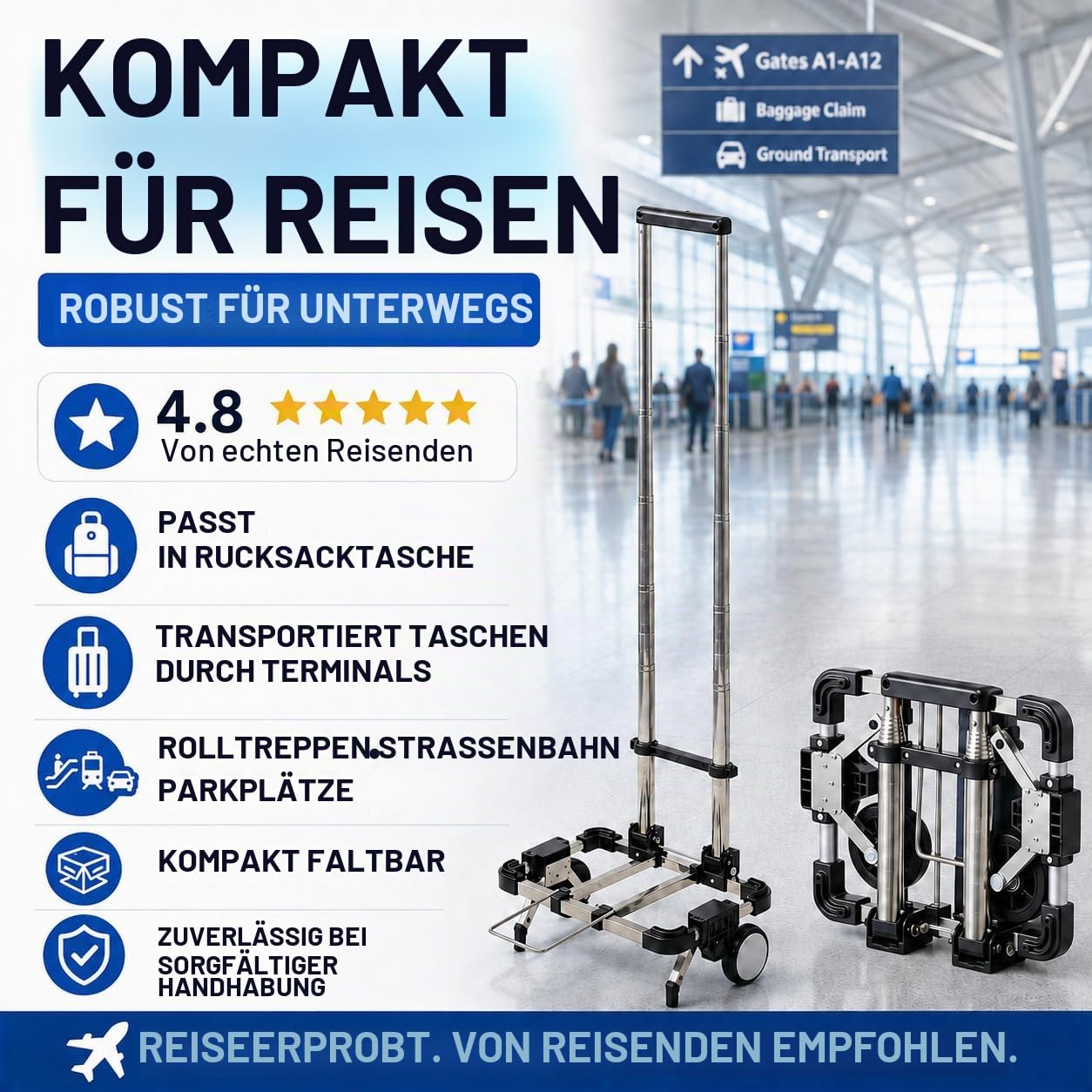 Japard Gepäckwagen mit 2 Rädern, faltbar, Geldbörsen-Trolley, tragbarer Reisewagen, kompakt, für Flugreisen, belastbar, 25 kg, kleinster faltbarer Tragewagen, geringes Gewicht
