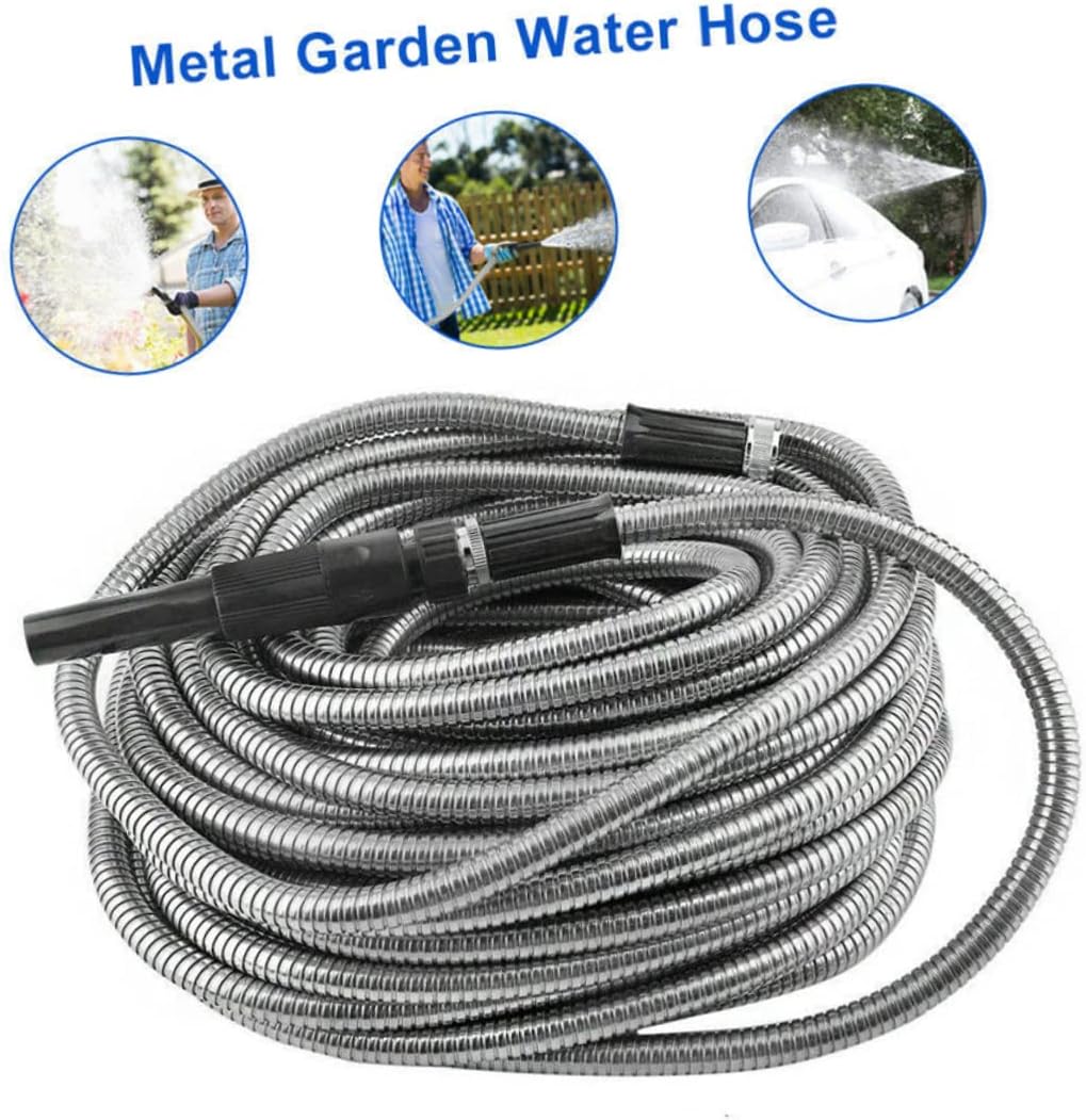 Kisangel Lightweight Stainless Steel Garden Hose Heavy Duty Water Hose with Spray Nozzle for Versatile Watering Needs for Lawn Garden Car and Pet Washing