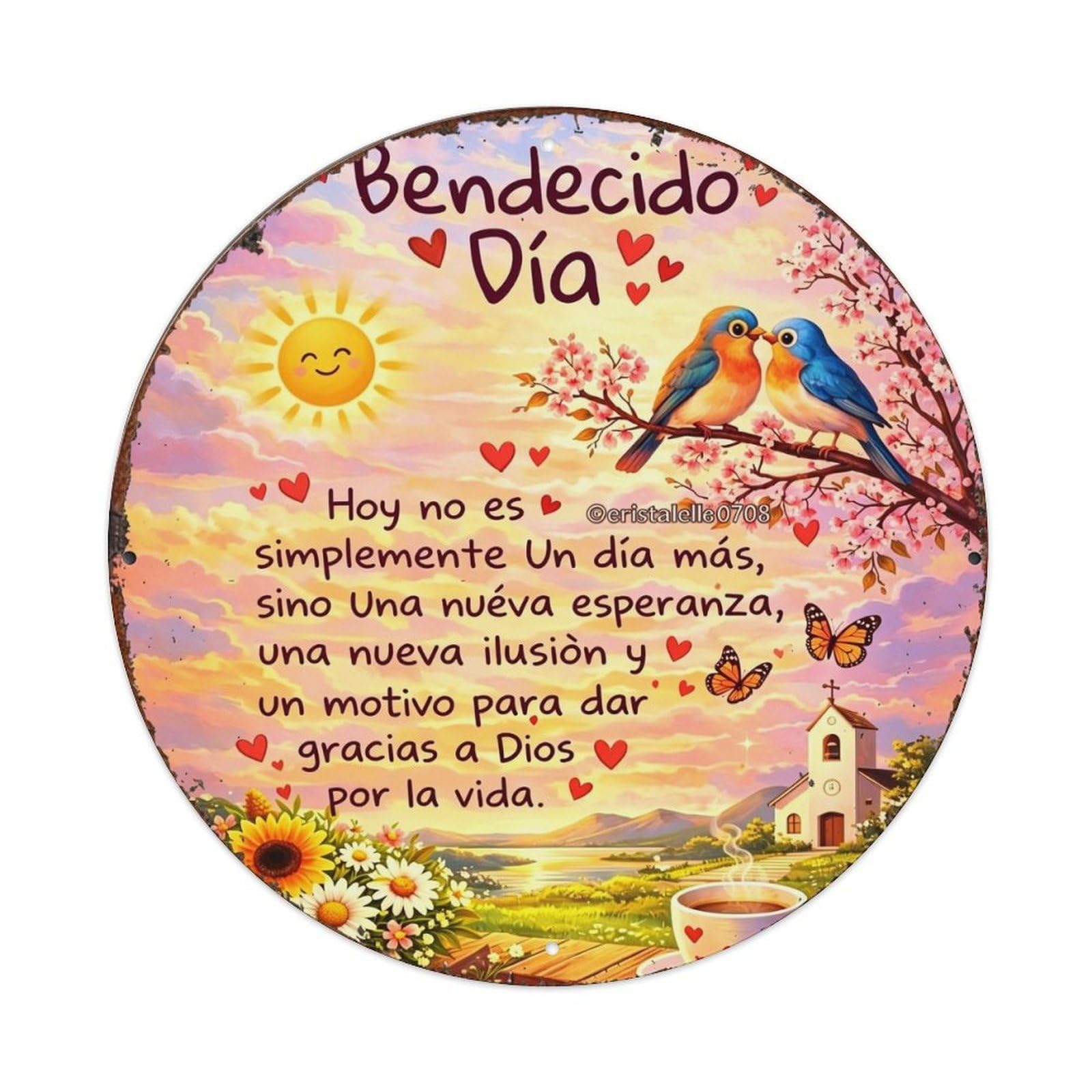 Blessed Day Birds Sunflowers Church Vintage Round Tin Sign Retro Metal Wall Decor Metal Poster, Home Bar Garage Cafe Wall Art Decoration 8x8Inches