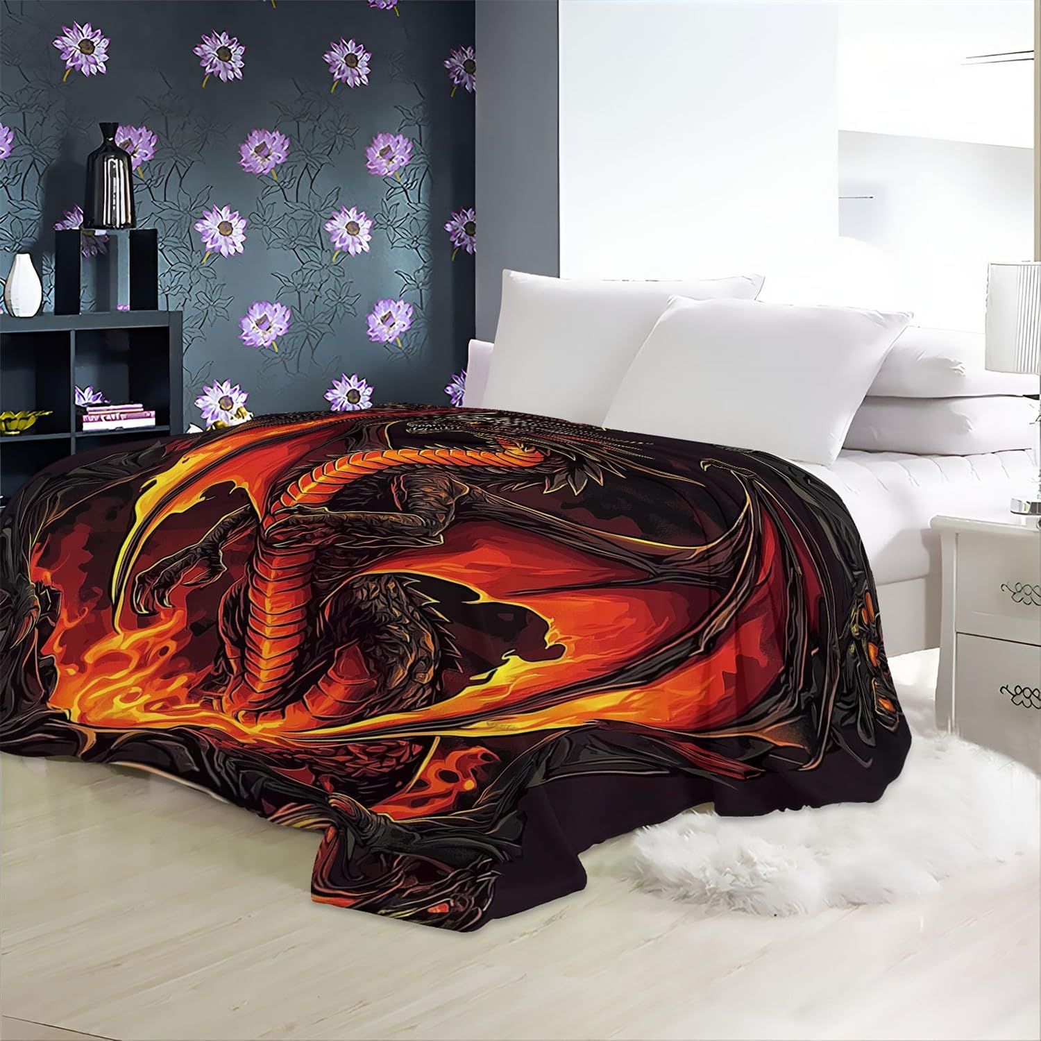 Decke 180 x 220 cm Kuscheldecken Sanft Flanell Weich Fleecedecke Dunkler Fantasy-Drache Bedruckte Decke für das Schlafzimmer Unschlagbar Weich Und Gemütlich Gold