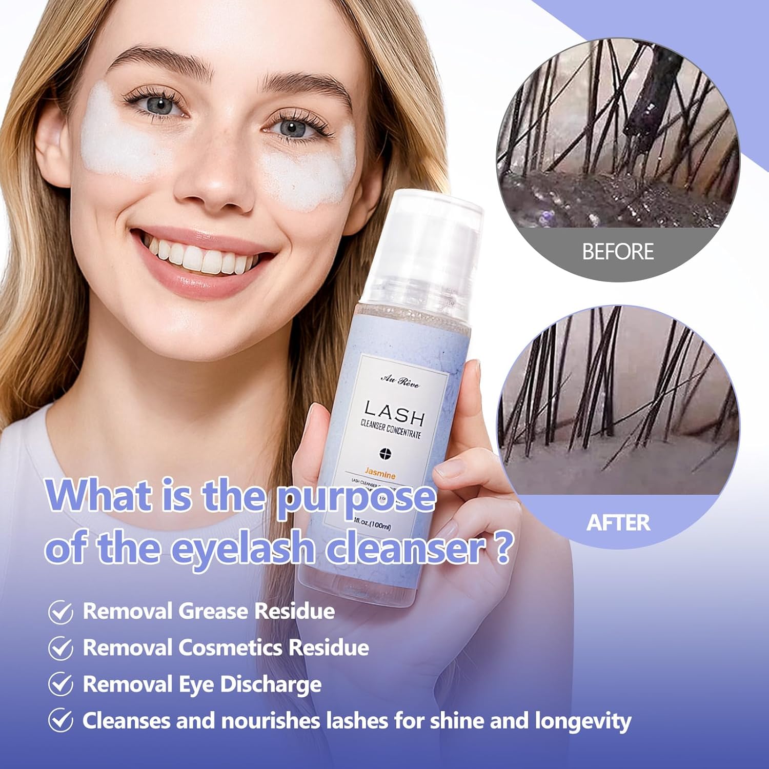 Lash Shampoo Concentrate 100ml Eyelash Extension Cleanser Oil-Free Eyelash Extension Shampoo with Salon Home Care -Makes 20 Bottles 60ml Lash Cleaner,Jasmine