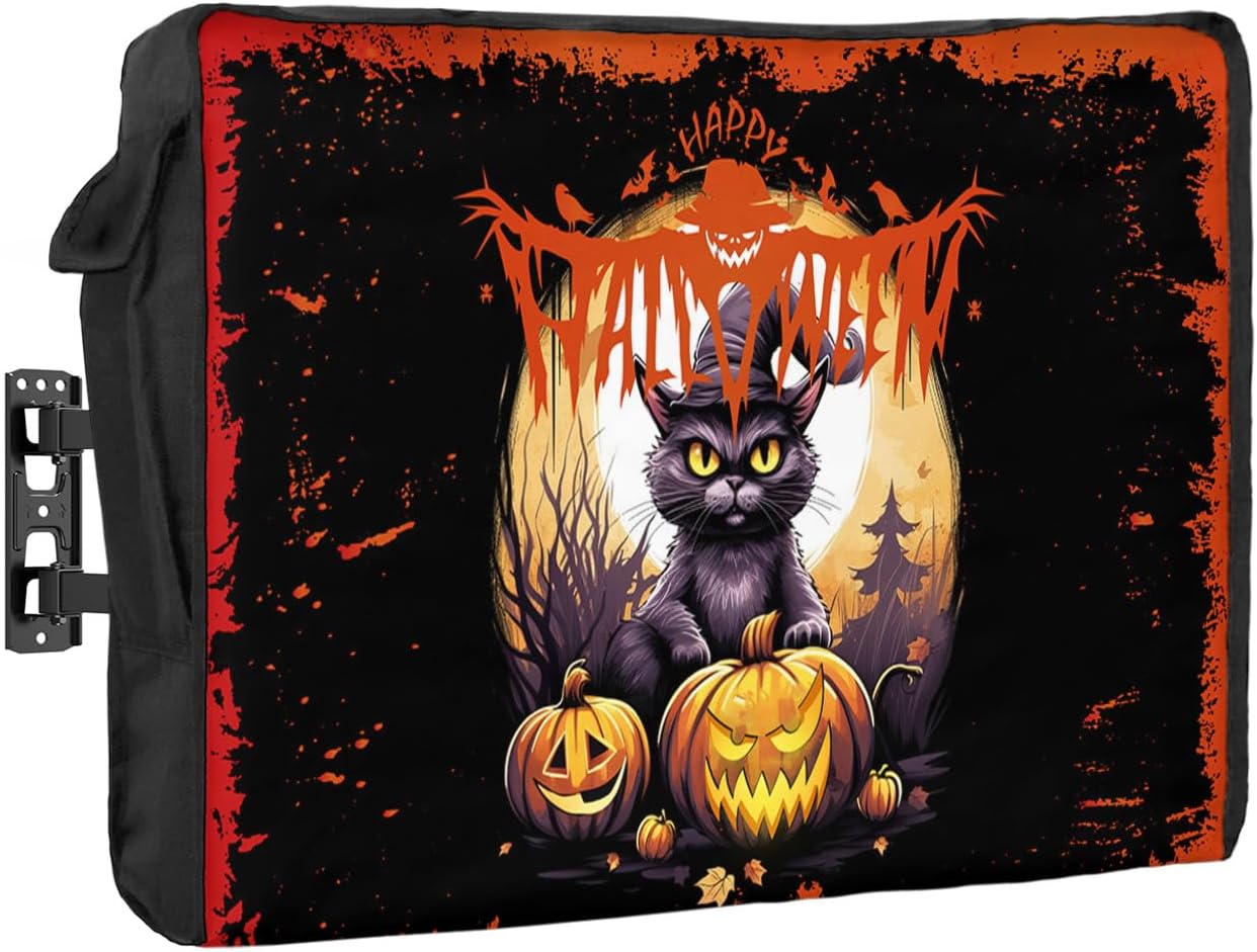 Outdoor TV Cover - Halloween Horror Pumpkin Black Cat Bat Waterproof and Weatherproof 60"-65" LCD Movable Shield TV Display Screen Protector Outside Television Covers