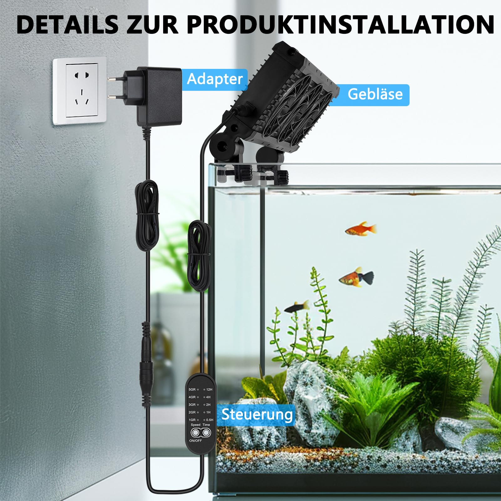 fishkeeper Ventilateur d'aquarium, Refroidisseur d'aquarium, Vitesse d'air réglable et minuterie, Ventilateur d'aquarium Silencieux pour Aquariums d'eau Douce et d'eau salée jusqu'à 60 cm
