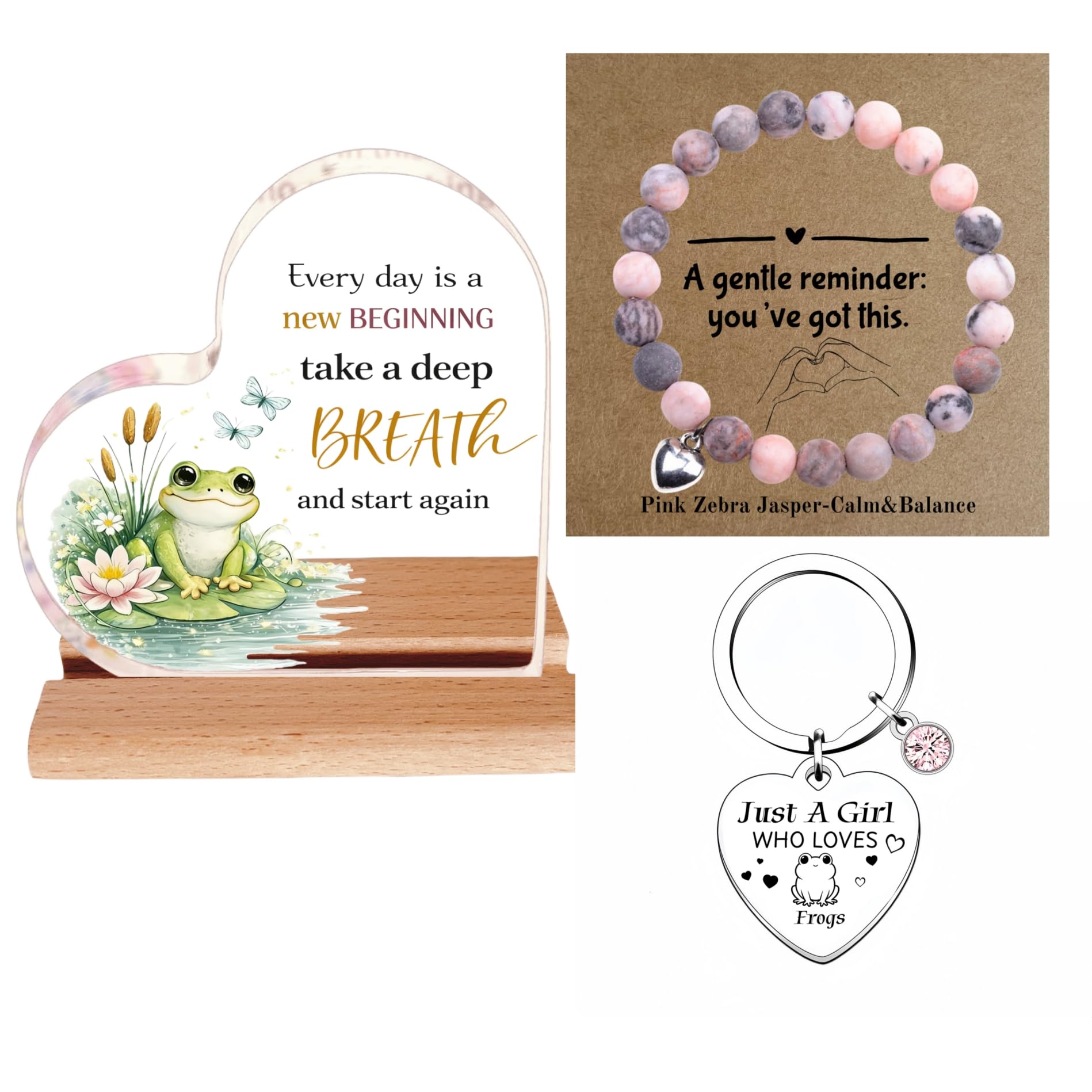 Veridigift Women's Frogs Frog Gifts For Girls- Mental Health & Anxiety Relief Gift Set, Pocket Hug Keychain, Zebra Jasper & Black Obsidian Crystal Healing Bracelet, Acrylic Heart Plaque