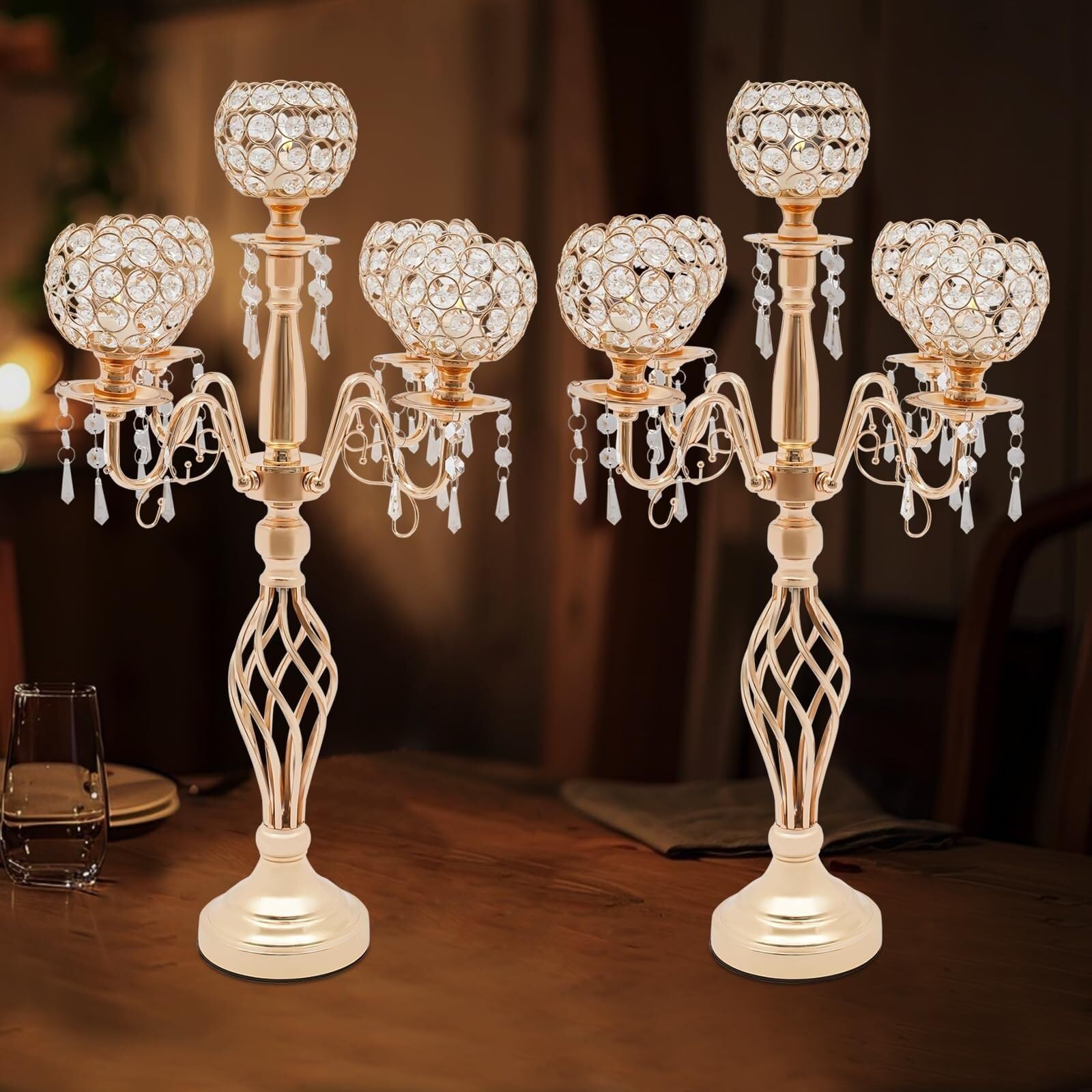 Candelabro Alto De Cristal De 5 Brazos Elegante Centro De Mesa For Bodas Navidad Y Fiestas con Candelabros A Juego(Gold,2pcs)