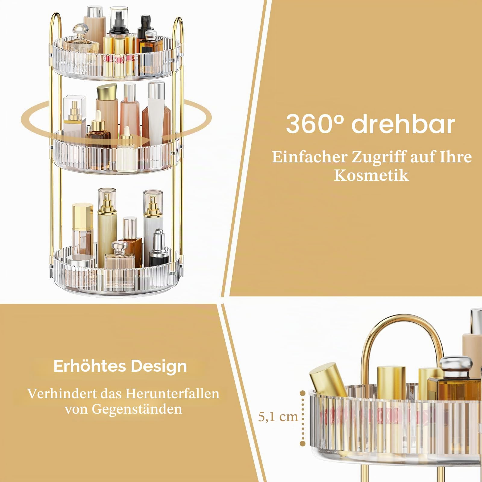 MOKANI Make Up Kosmetik Organizer, 360° Dreh Schmink Organizer, 3 Ebenen, Multifunctional Makeup Skincare Aufbewahrungssystem für Schminktisch, Badezimmer, Schlafzimmer, Transparent