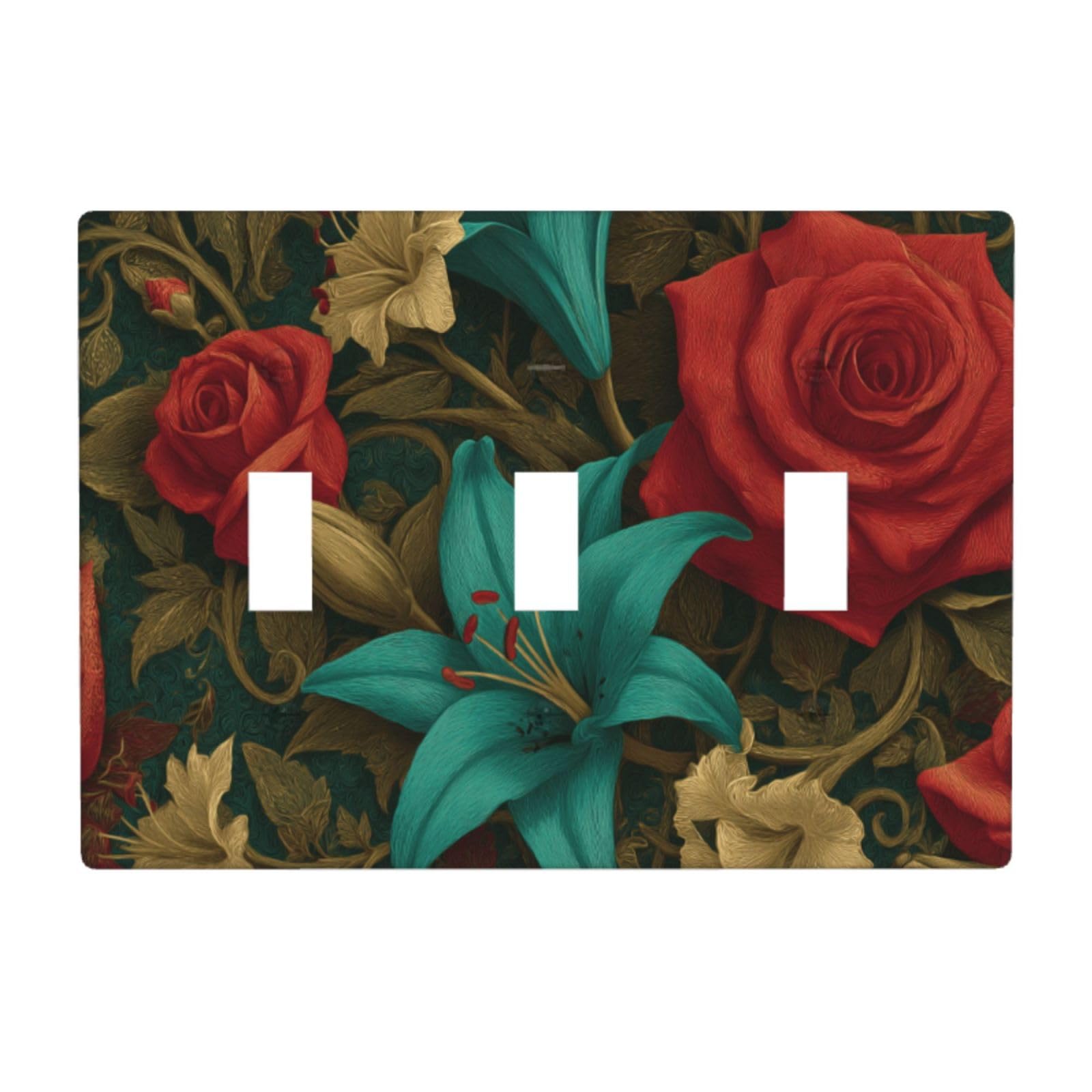 Woshuwo White Roses Lilies With Vines Dark Gothic Botanical Light Switch Covers 3 Gang Triple Toggle Wall Plate Switchplate Electrical Faceplate For Bathroom Kitchen Bedroom Decor