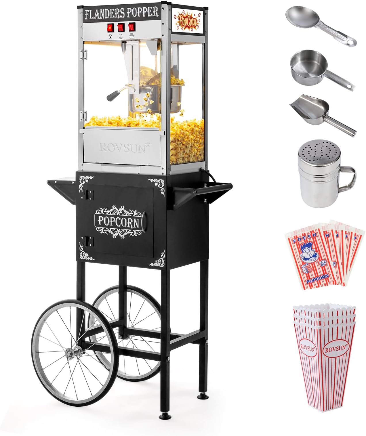 ROVSUN Popcorn Machine with Cart, Wheels & 10 Oz Kettle Makes Up to 4 Gallons ETL Certified, Popcorn Maker w/Stainless Steel Scoop, Oil Spoon, Bags & 3 Popcorn Cups for Commercial Home Movie Theater