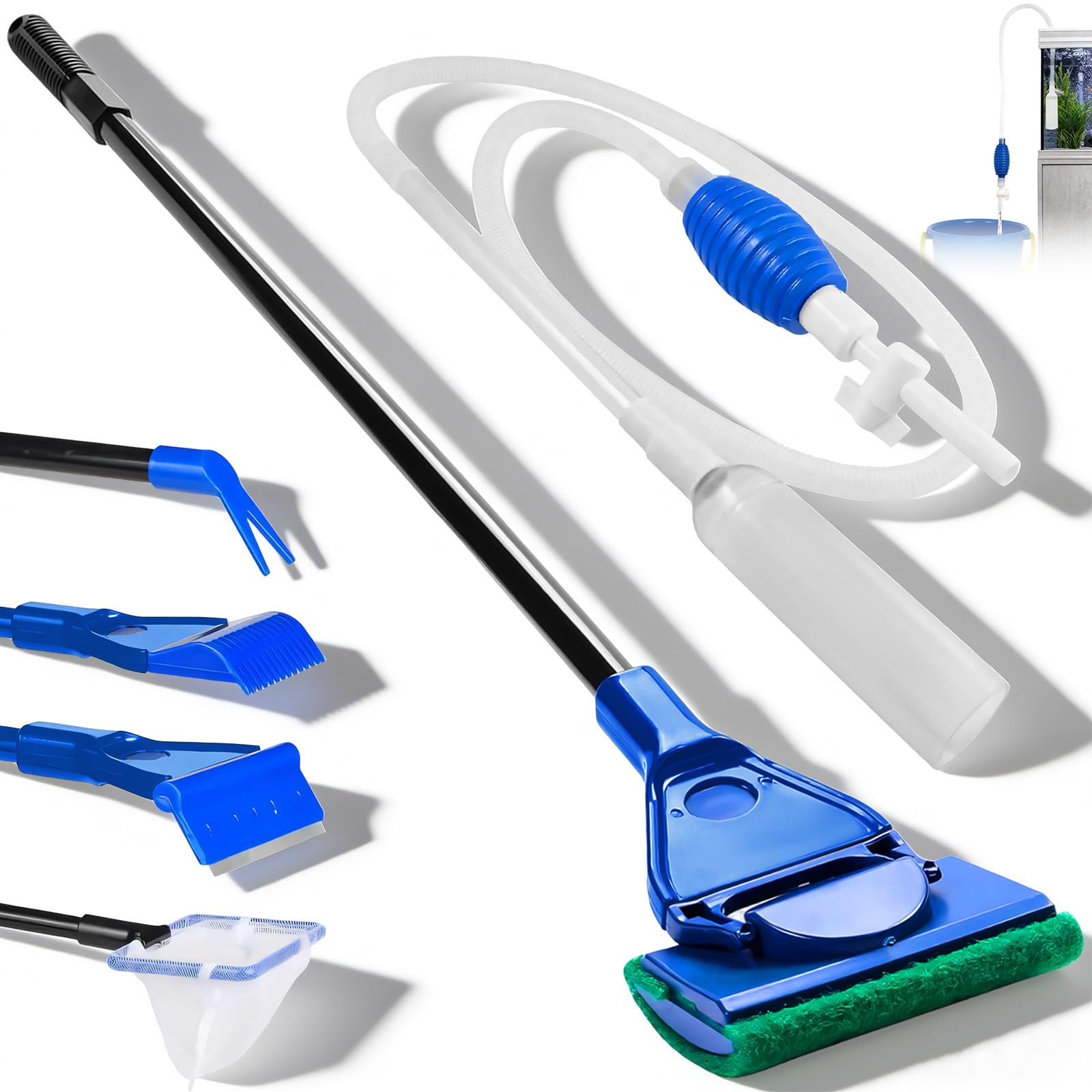 5 in 1 Fish Tank Cleaner Kit, Aquarium Cleaning Kit with Aquarium Syphon, Fish Tank Scraper, Spoon Net, Gravel Vacuum, Sponge, Plant Fork, Suction Pipe Accessories for Water Changing, Sand Cleaner