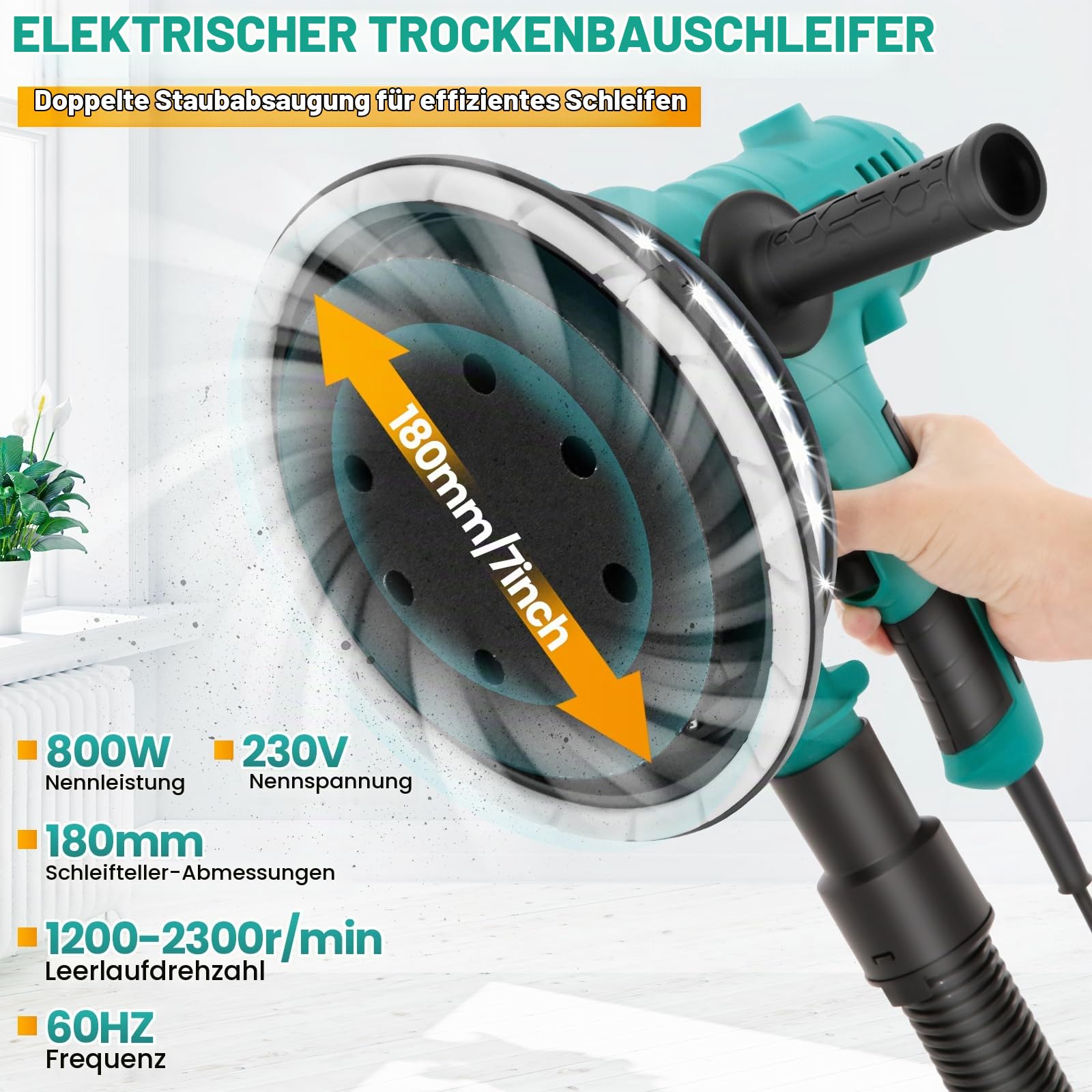 Trockenbauschleifer 800W,180mm Elektroschleifmaschine für Wände, Deckenschleifer Wandschleifer, LED-Licht,12 Schleifpapier, Staubfangsack und Absaugschlauch
