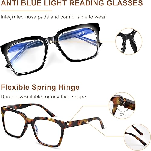 Miniatura 4 de EASY READ 3 pares de anteojos de lectura para mujer, bloqueo de luz azul cuadrado, anti rayos UV, con bisagra de resorte, lentes de computadora