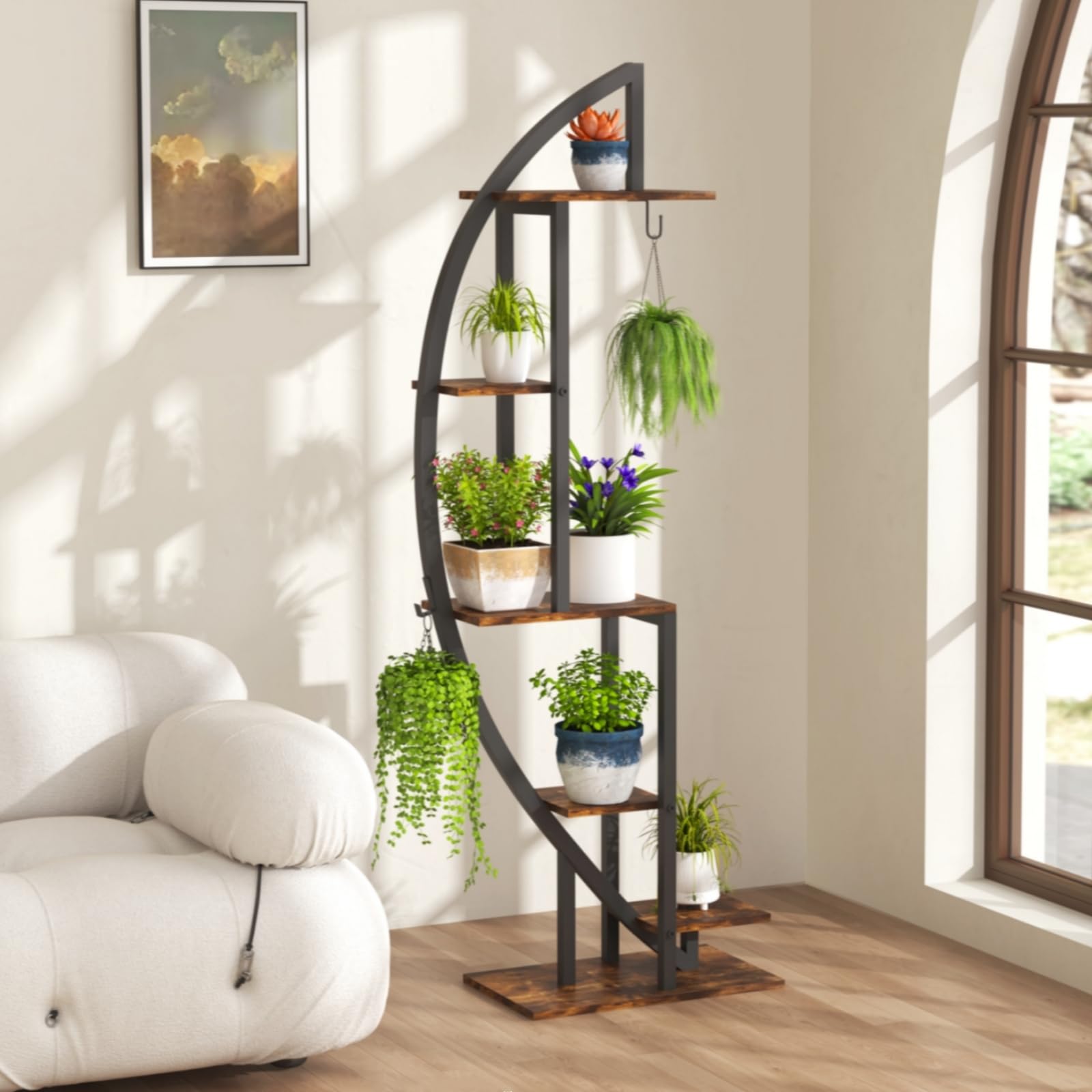 6 Ebenen Pflanzenständer mit Wachstumslicht, Großes Blumenständer 160cm Hoch, Metall-Holz Pflanzenregal Indoor & Outdoor Blumenregal für Wohnzimmer Balkon Flur, 50 x 30 x 160 cm