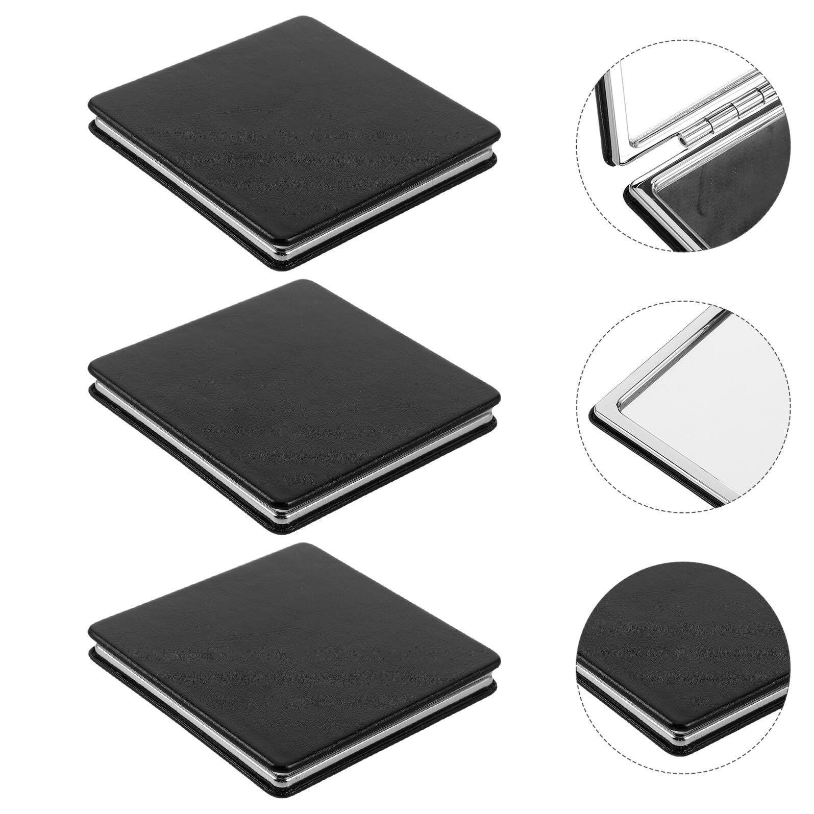 Espejo de Viaje Plegable Cuadrado 8 CM Negro Funda de Cuero, Espejo Compacto de Mano Doble Cara Aumento para Bolso, Maquillaje y Afeitado, Set de 3 Unidades