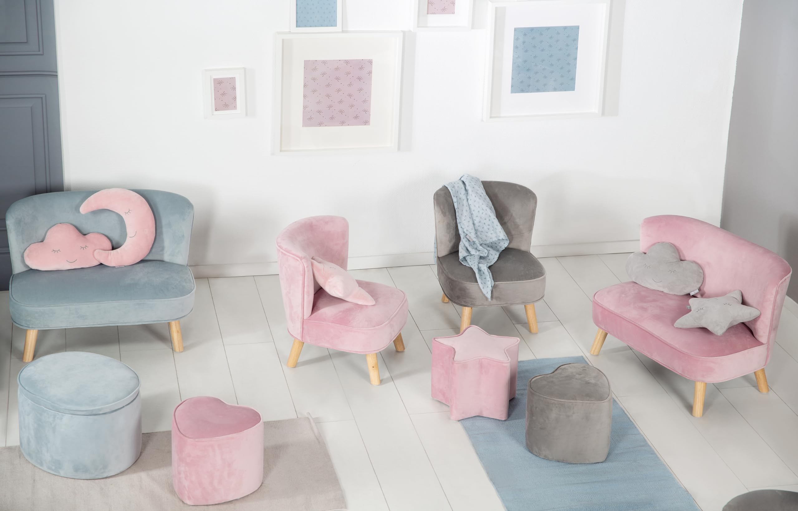 roba Kanapa dziecięca Lil Sofa dla dziewczynek i chłopców - Wygodna kanapa dla dzieci - Stabilne drewniane nóżki - Materiał z weluru w kolorze różowym