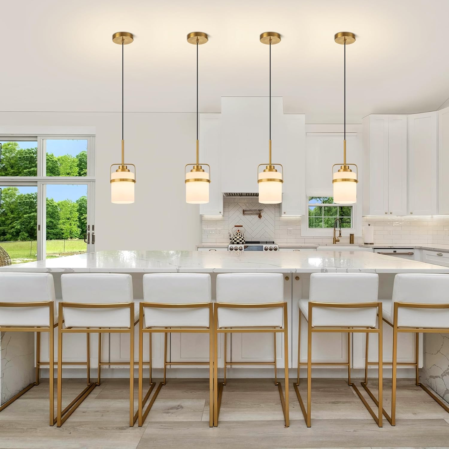 Modern Brass Pendant Lights Kitchen Island Light, Adjustable Hanging Light Fixture with Milk Glass Shade, Farmhouse Pendant Light for Dining Room Bar Over Sink/Table/Counter, 2 Pack