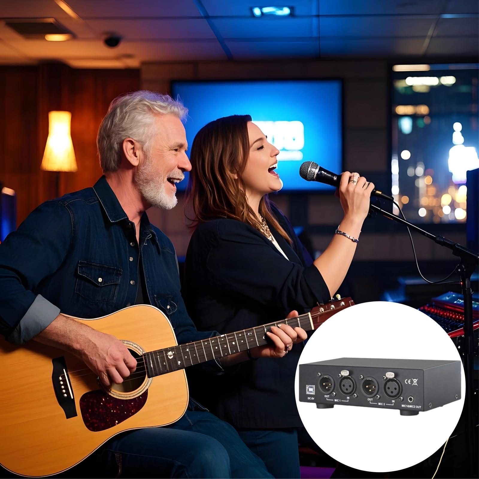 Alimentatore Phantom compatto per microfoni, doppi ingressi e uscite XLR, alimentazione USB, acciaio inossidabile, 160 mm x 81 mm x 42 mm, include cavi audio e di alimentazione