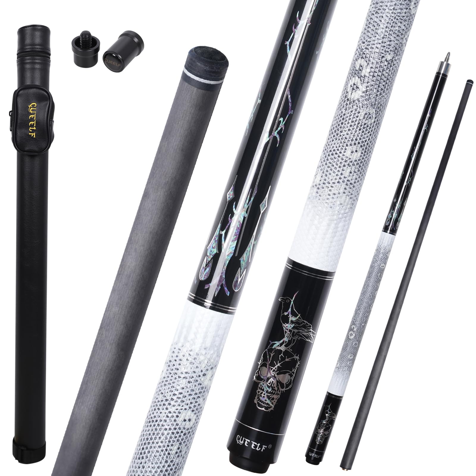 CUEELF Carbon Fiber Pool Cue Stick 58 inches Skull Billiard Cue Sticks Low Deflection Pool Sticks 12.5mm Tip Leather Grip Butt Technology Professional Cues (CA-KL-04, 20 oz)