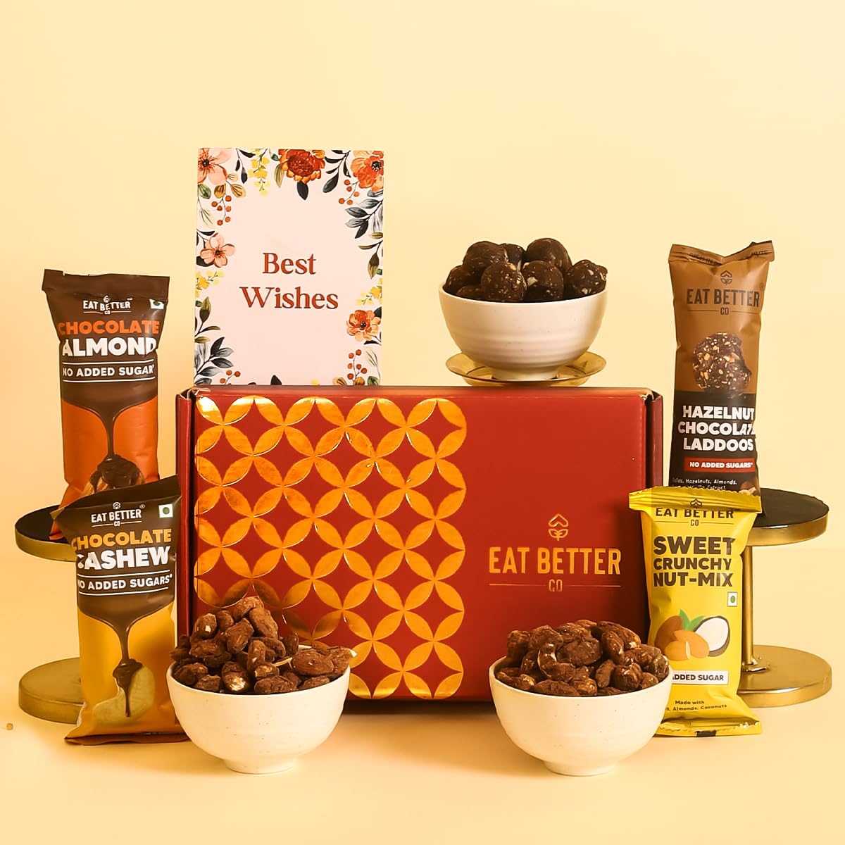 Eat Better Co - Dry-Fruits Gift Hamper – 5 Item Gift Set | Hazelnut Chocolate Laddoos, Chocolate Coated Almonds & Cashews, Dry-fruit Mixture & Greeting Card