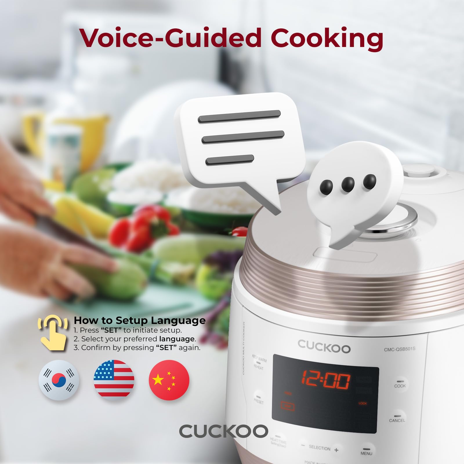 CUCKOO CMC-QSB501S ICOOK Q5 Premium Dampfdruck Multikocher 4750ml, 8in1 Multifunktionsgerät, Sprachnavigation, 3D Heiztechnologie, Warmhaltefunktion, Edelstahl-Innentopf mit Antihaft-Beschichtung