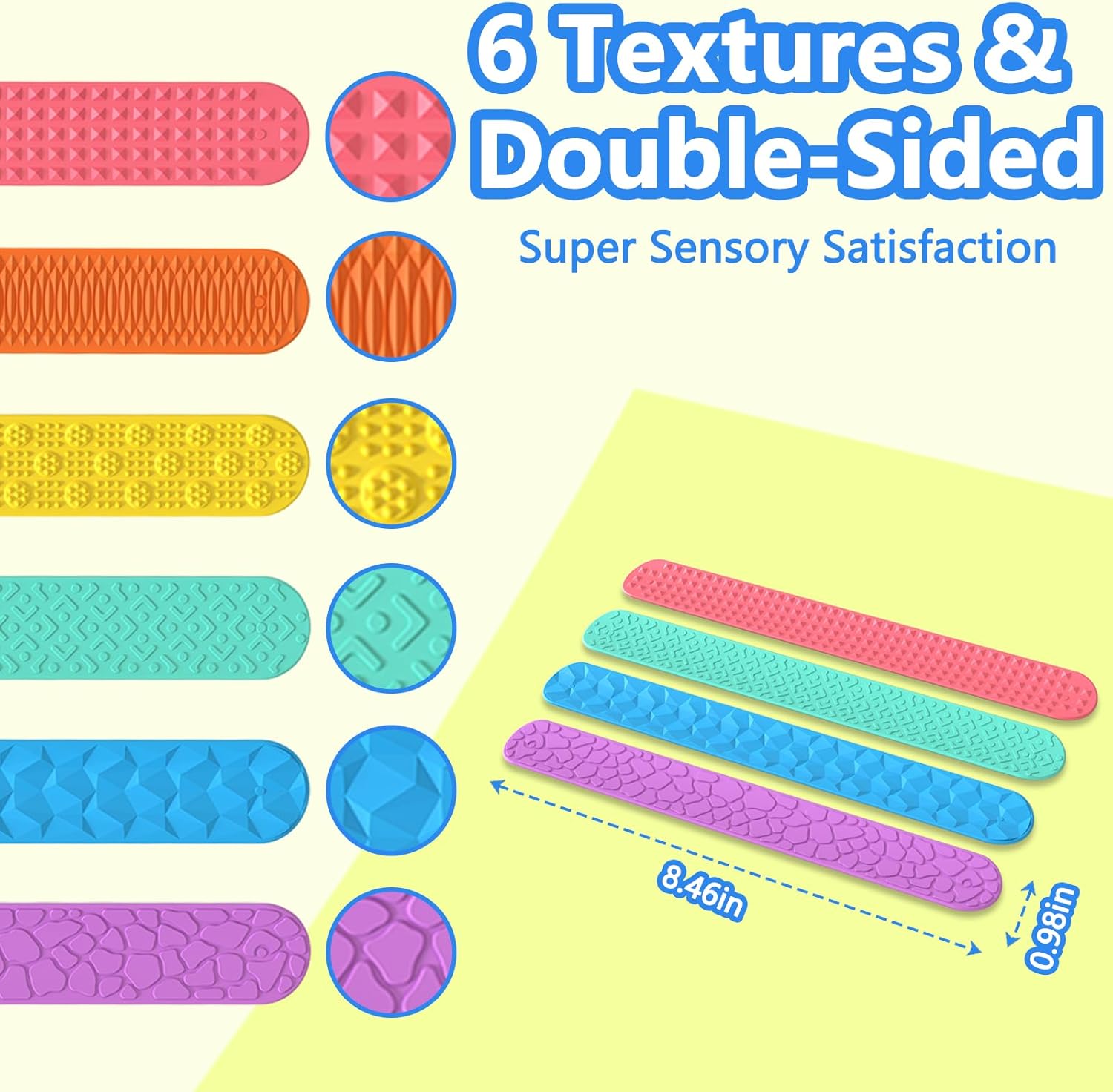 Textured Silicone Slap Bracelets, Sensory Fidget Toys for Kids and Adults, Calming Tools for Autism, ADHD, Anxiety and Stress, Essential Toys for Travel and Ideal for Classroom Rewards - 6 Pack