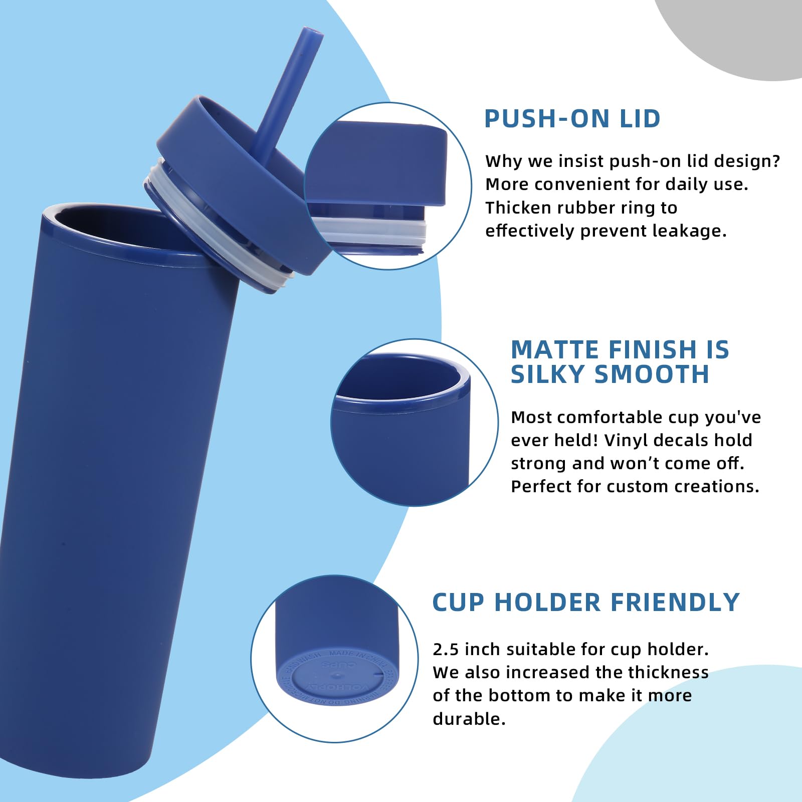 Volhoply Vaso delgado de plástico de 16 onzas con tapa y popote a granel, paquete de 10, vasos acrílicos mate aislados de doble pared sin BPA