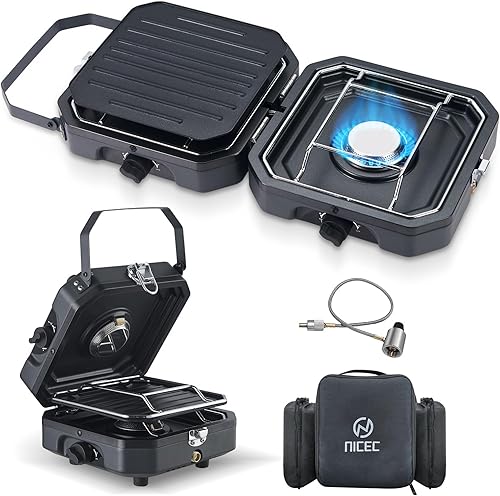 Nice C Estufa de campamento, estufa portátil de propano para campamento, estufa de propano de 2 quemadores con parrilla, estufa de campamento,