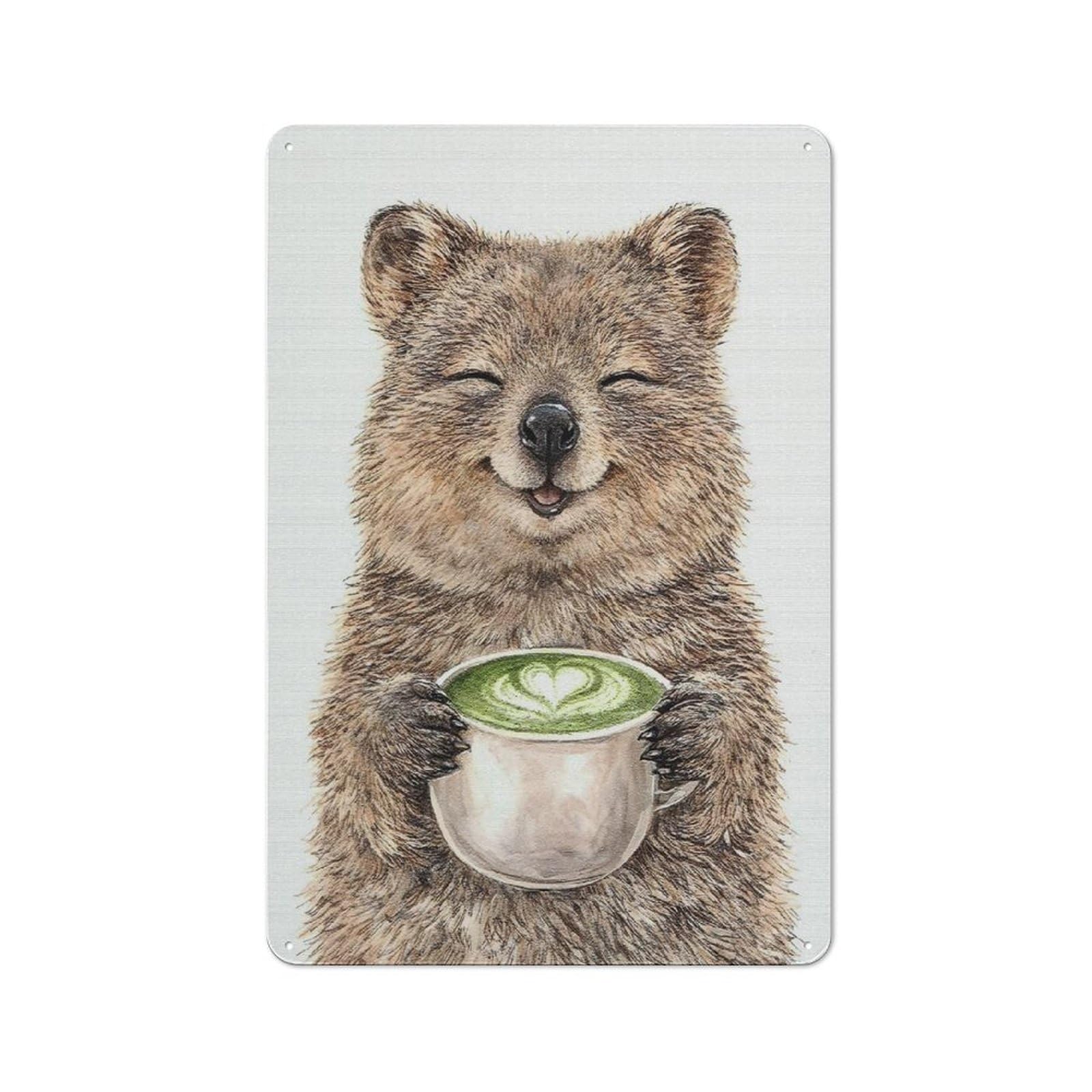 Junmoney Style-5 Happy Quokka With Matcha Latte Rustic Metal Sign 30X20cm, Barn Style Farmhouse Wall Decor For Kitchen, Cottage, Porch Or Garden Room