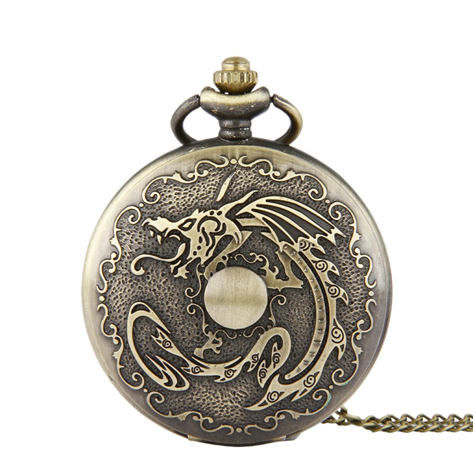 Dragon Pocket Watch – Vintage Animal Design, Decorative Fashion Fob Gift | Movement Timepiece for Men and Women Costume Accessory Antique Bronze Roman Numeral Gothic Steampunk Style Classic